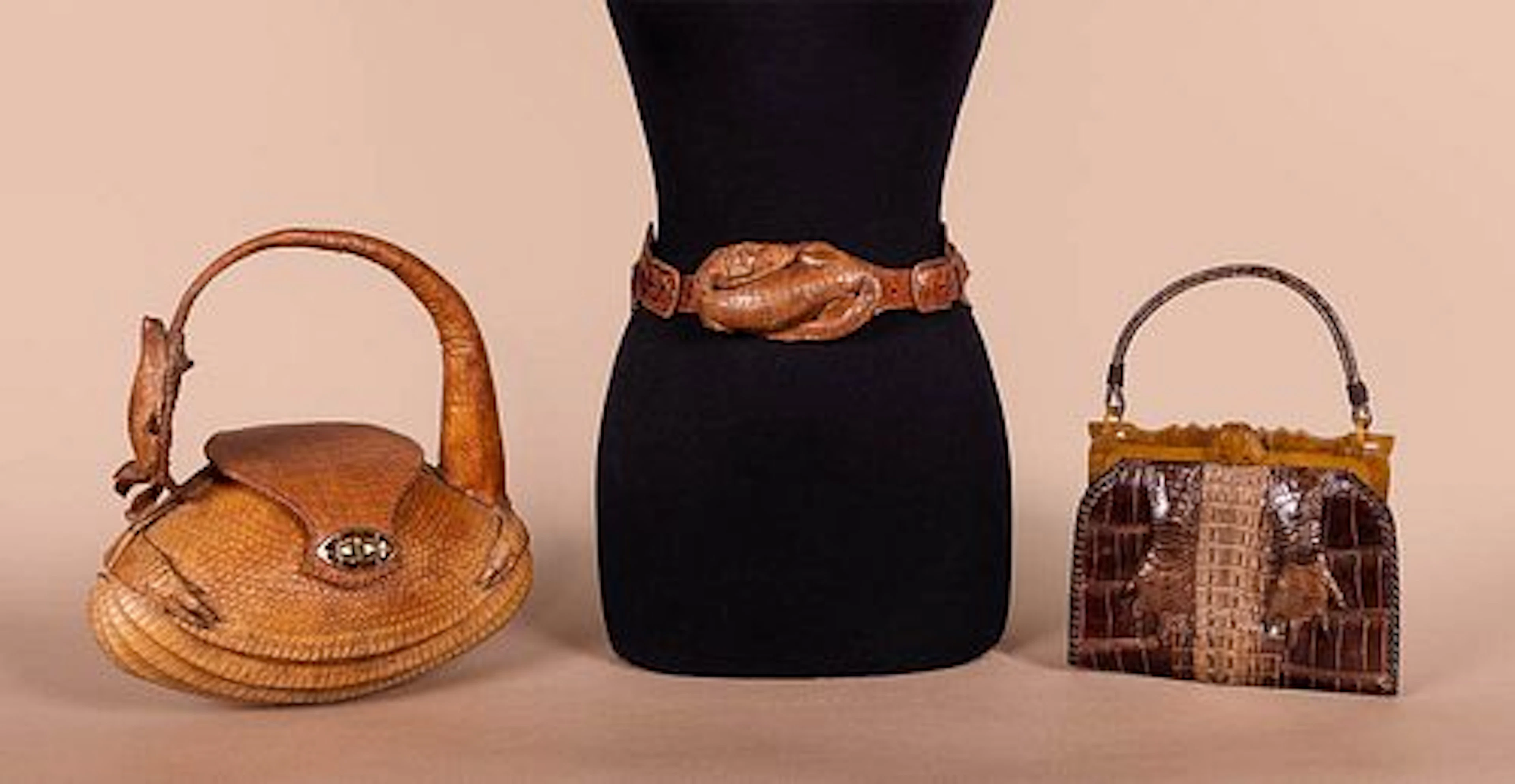 THREE ARMADILLO OR CROCODILE ACCESSORIES, MID 20TH C