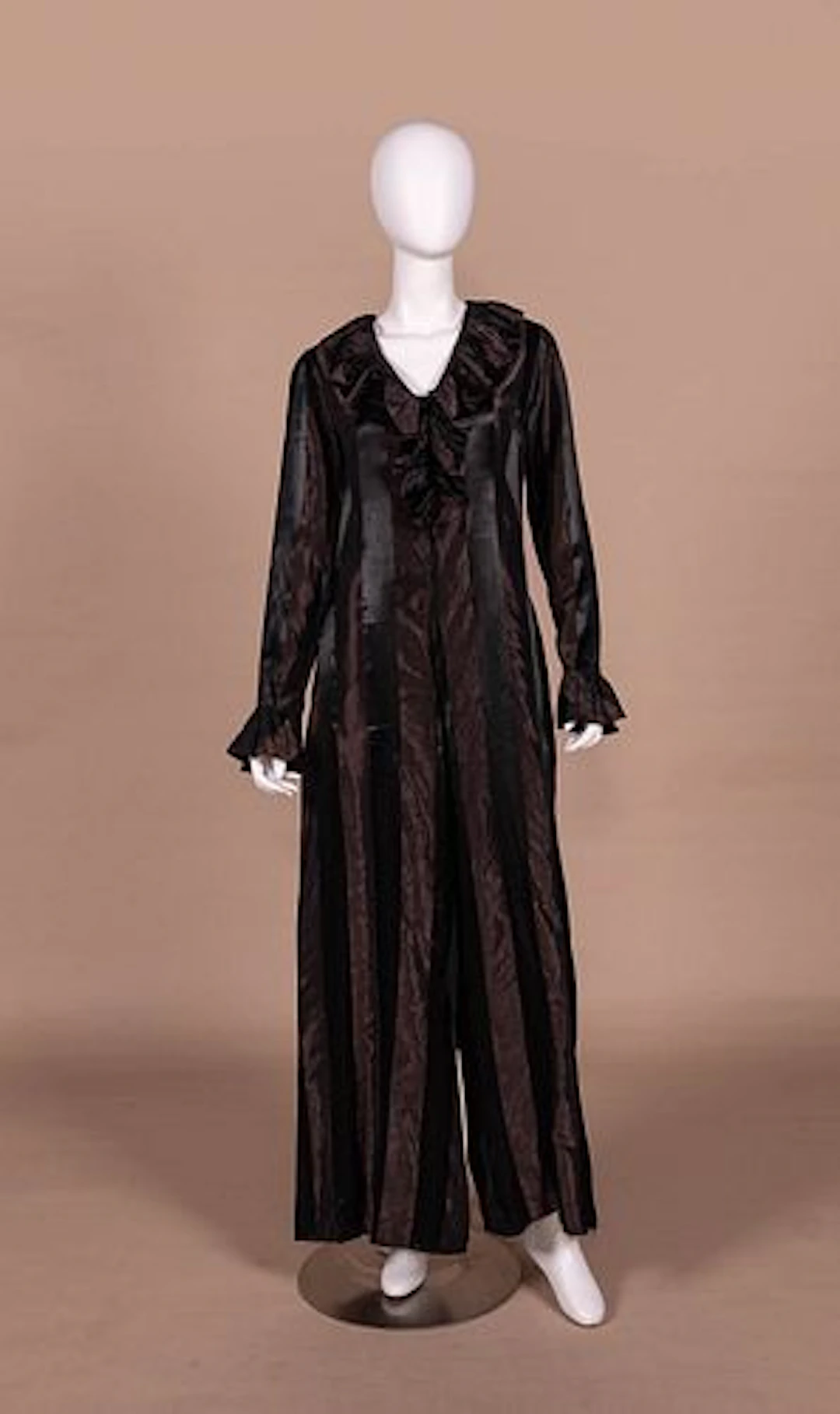 STRIPED SATIN HOSTESS JUMPSUIT, C. 1970