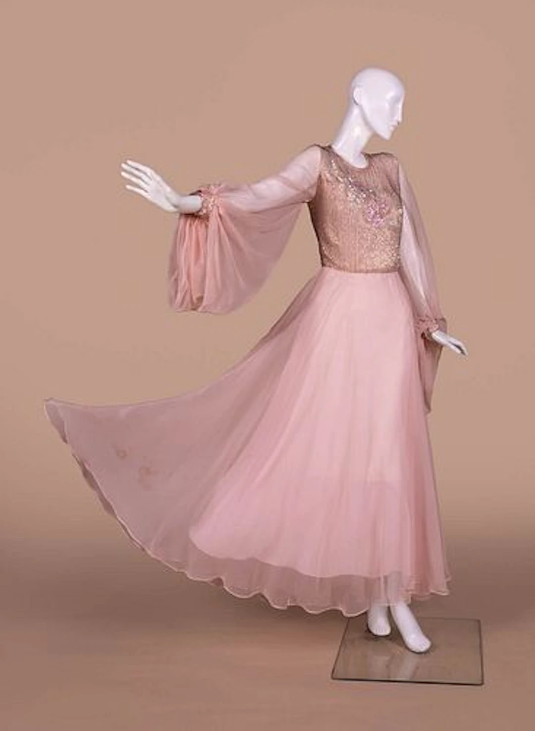 PINK CHIFFON EVENING DRESS, 1970S