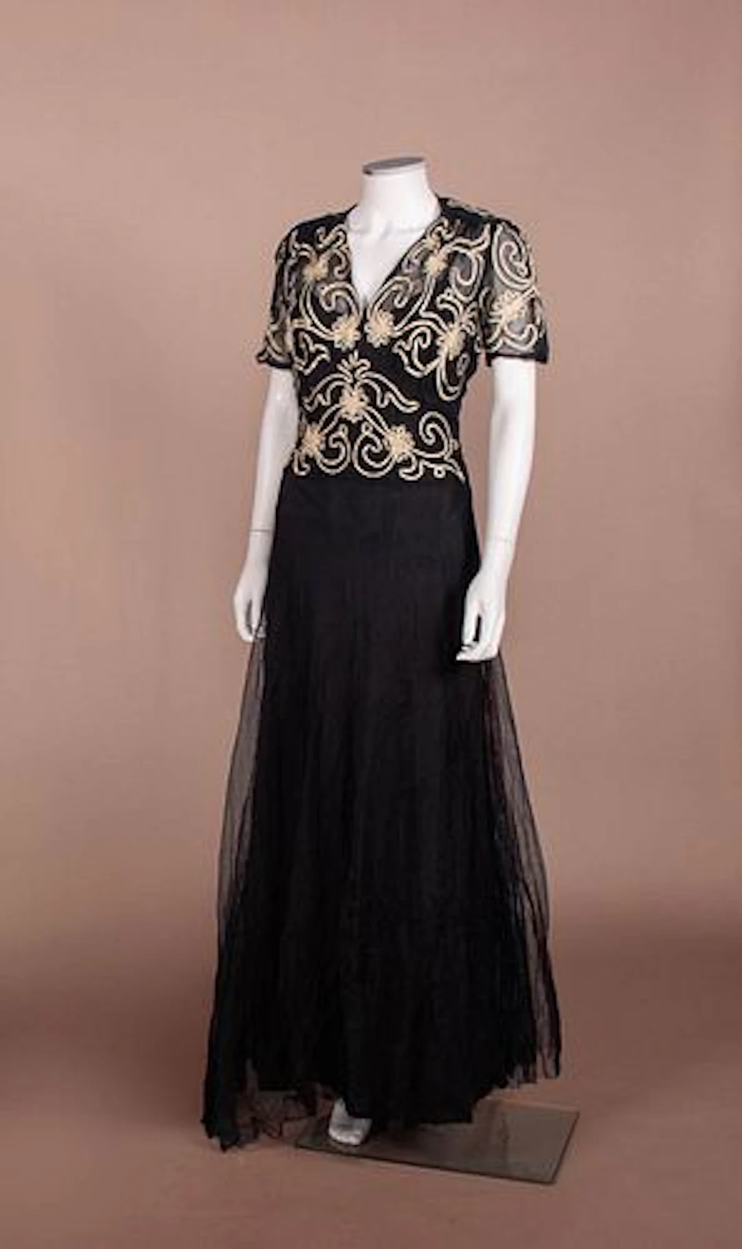 SOUTACHE & NET EVENING DRESS, 1940S