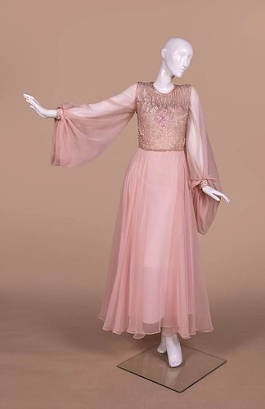 PINK CHIFFON EVENING DRESS, 1970S
