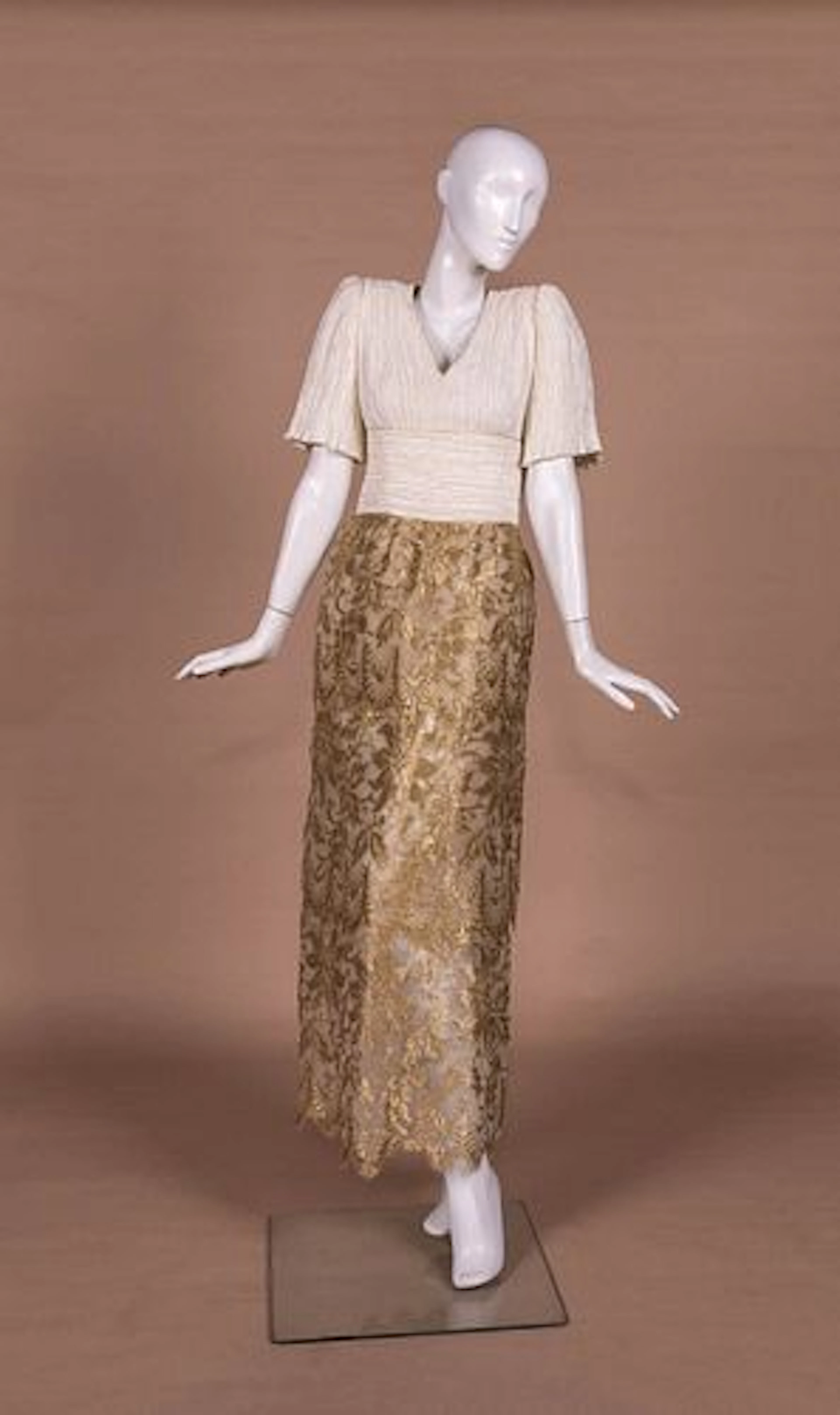 MARY MCFADDEN METALLIC LACE EVENING DRESS, 1985