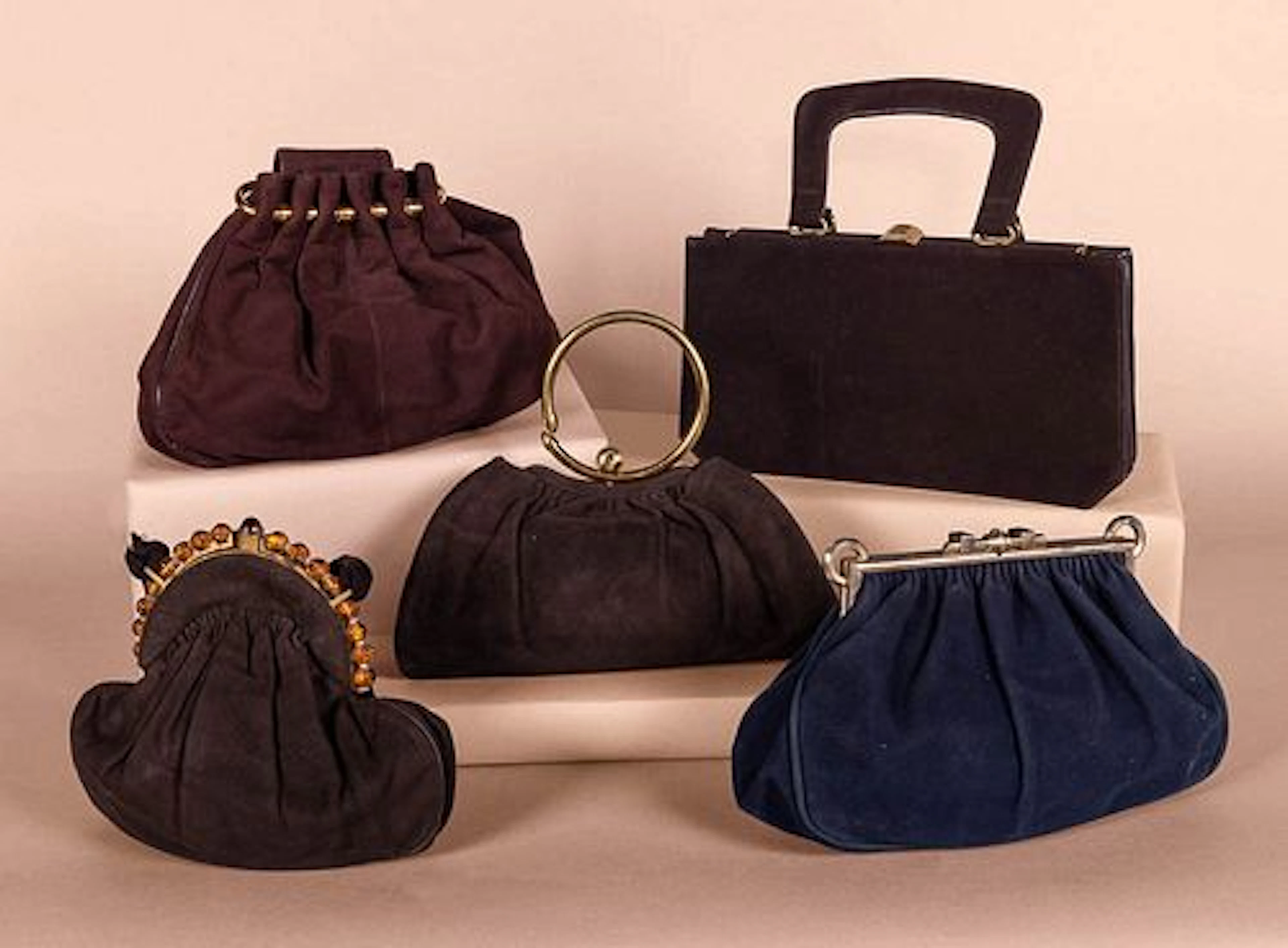 FIVE CHIC SUEDE HANDBAGS, C. 1940S