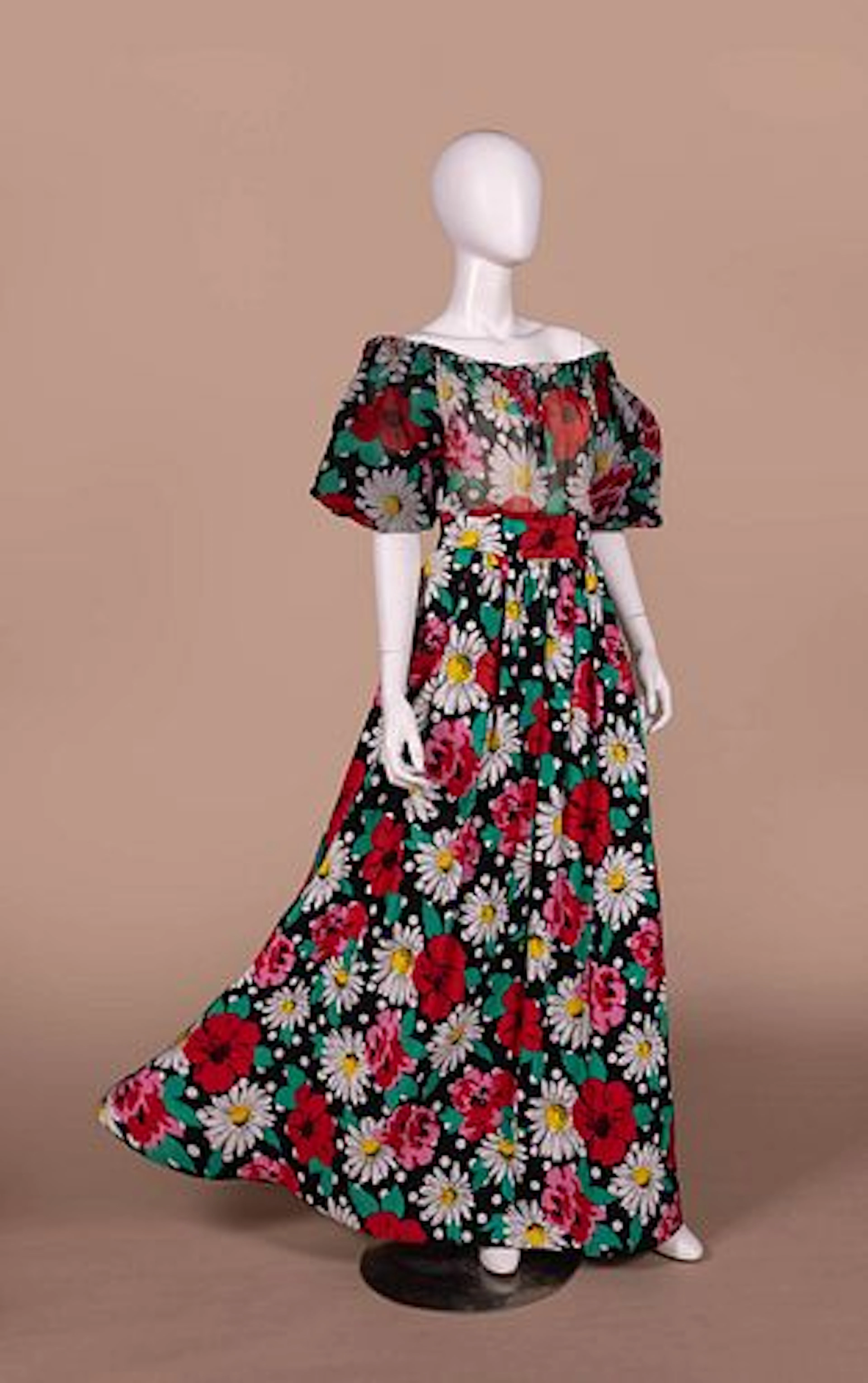 ARNOLD SCAASI FLORAL AND POLKA DOT PRINTED EVENING DRESS, 1980S
