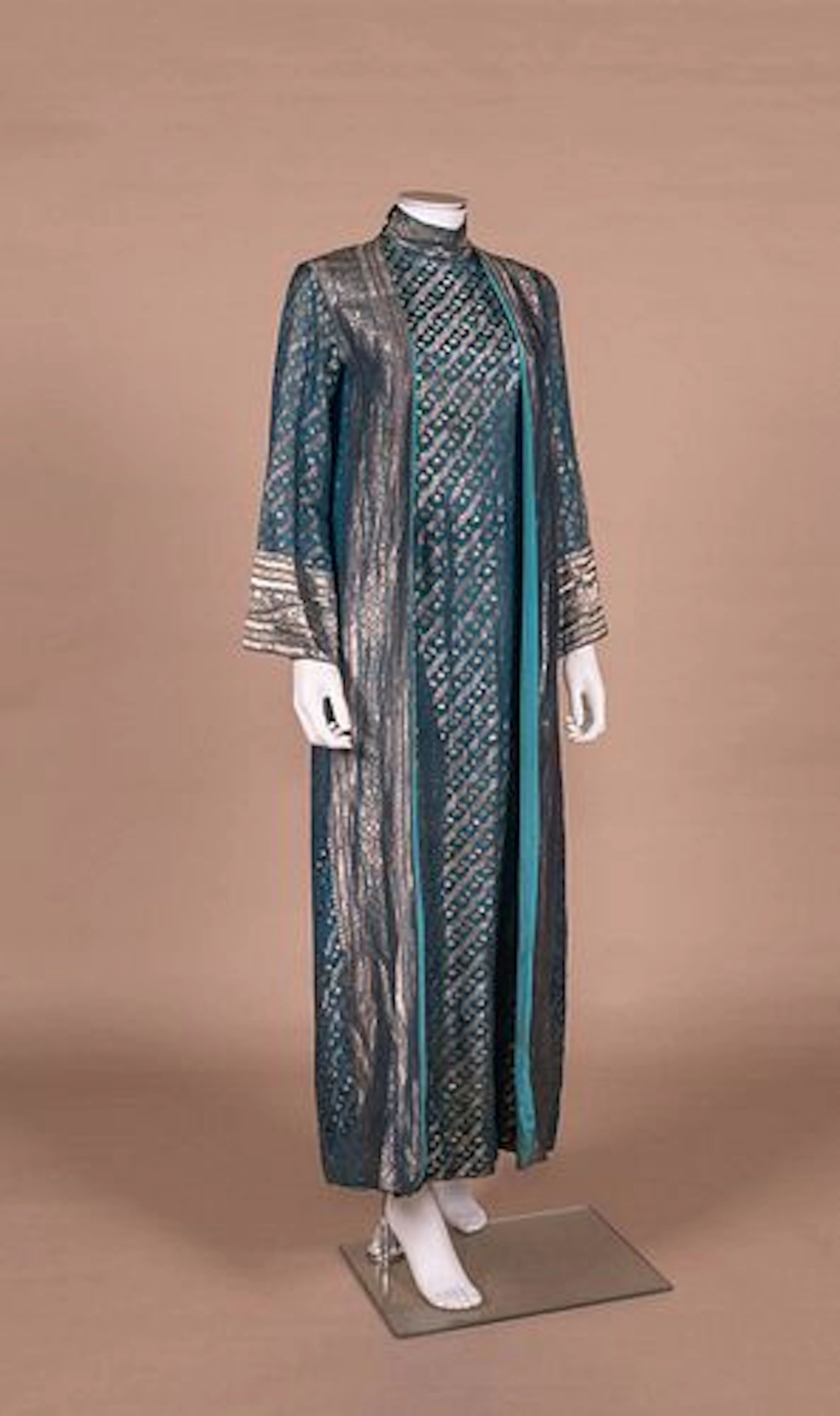 TEAL LAME HOSTESS GOWN, MID 20TH C