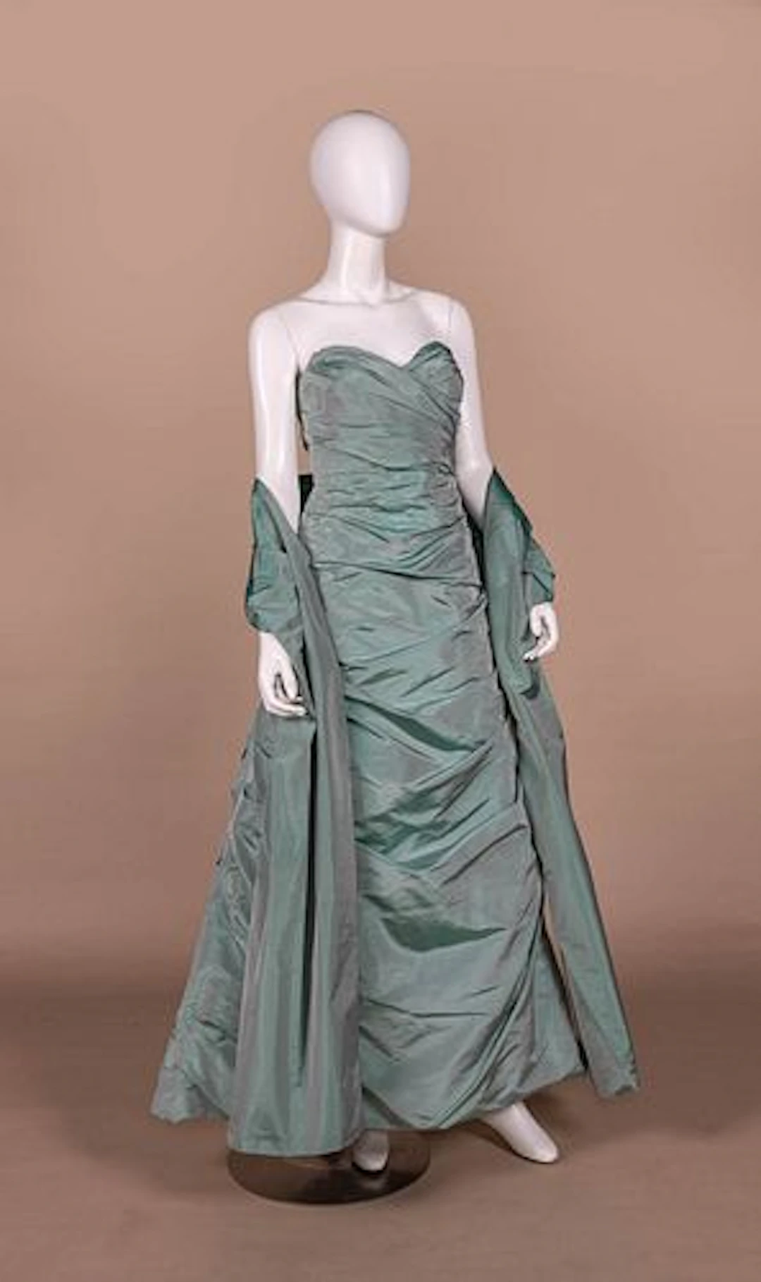 IRIDESCENT SEAFOAM RUCHED SILK EVENING GOWN & WRAP, 2000S