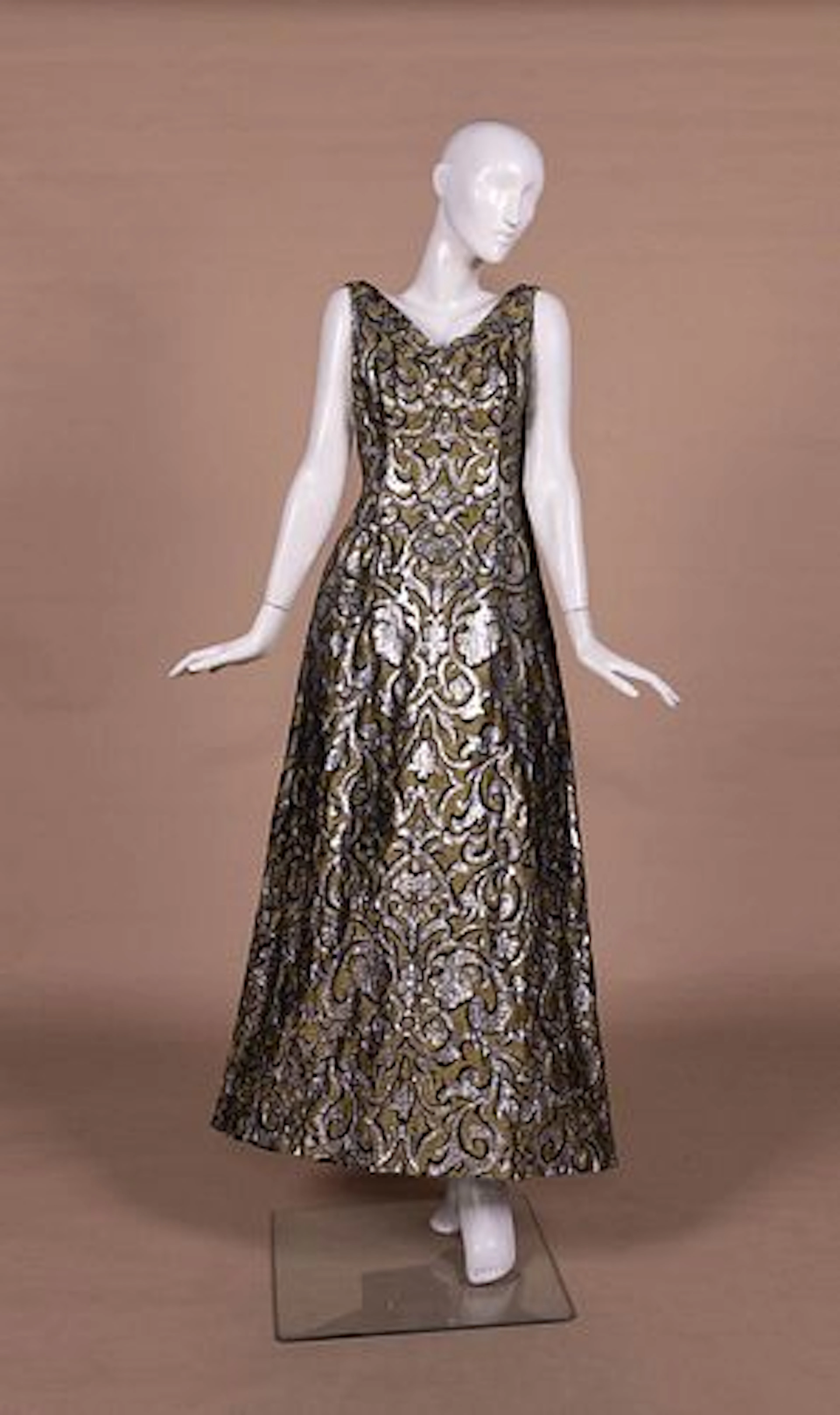 ARNOLD SCAASI RENAISSANCE INSPIRED LAME EVENING DRESS, C. 1960