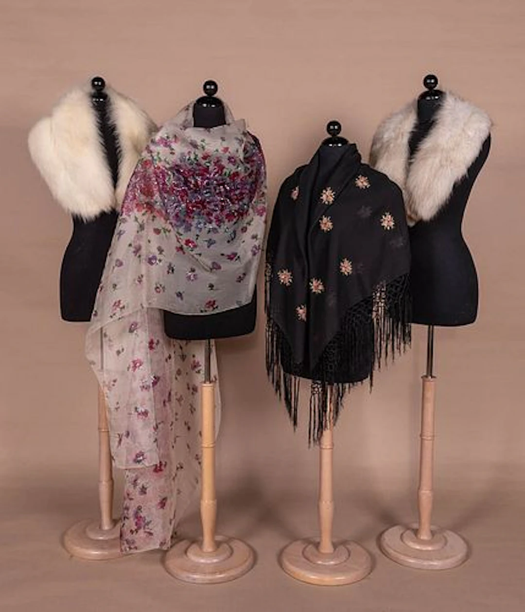 TWO FOX FUR STOLES & TWO EMBELLISHED EVENING WRAPS, 1950S - 1970S