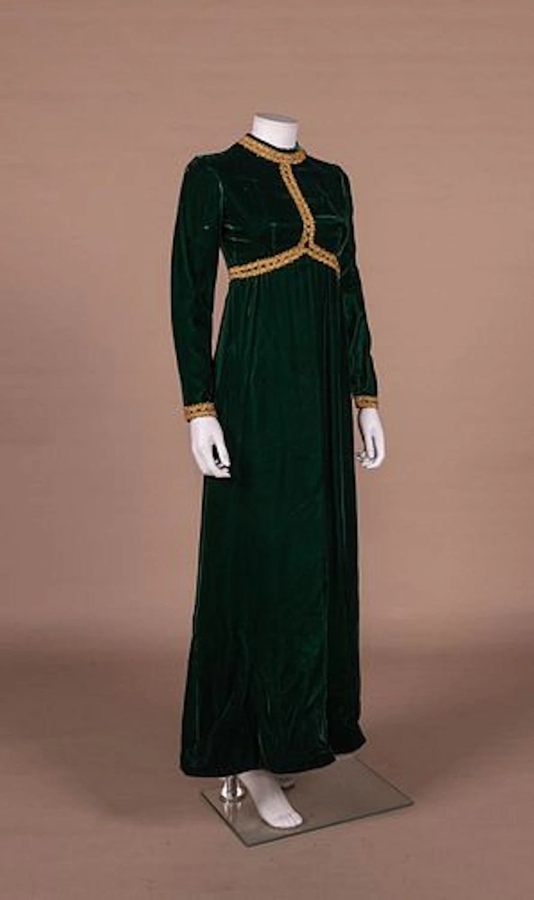 GREEN VELVET & GOLD MAXI DRESS, 1970S