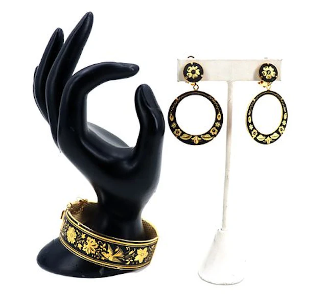 Vintage Spanish Toledo Damascene Bangle Bracelet & Clip-On Earrings Set