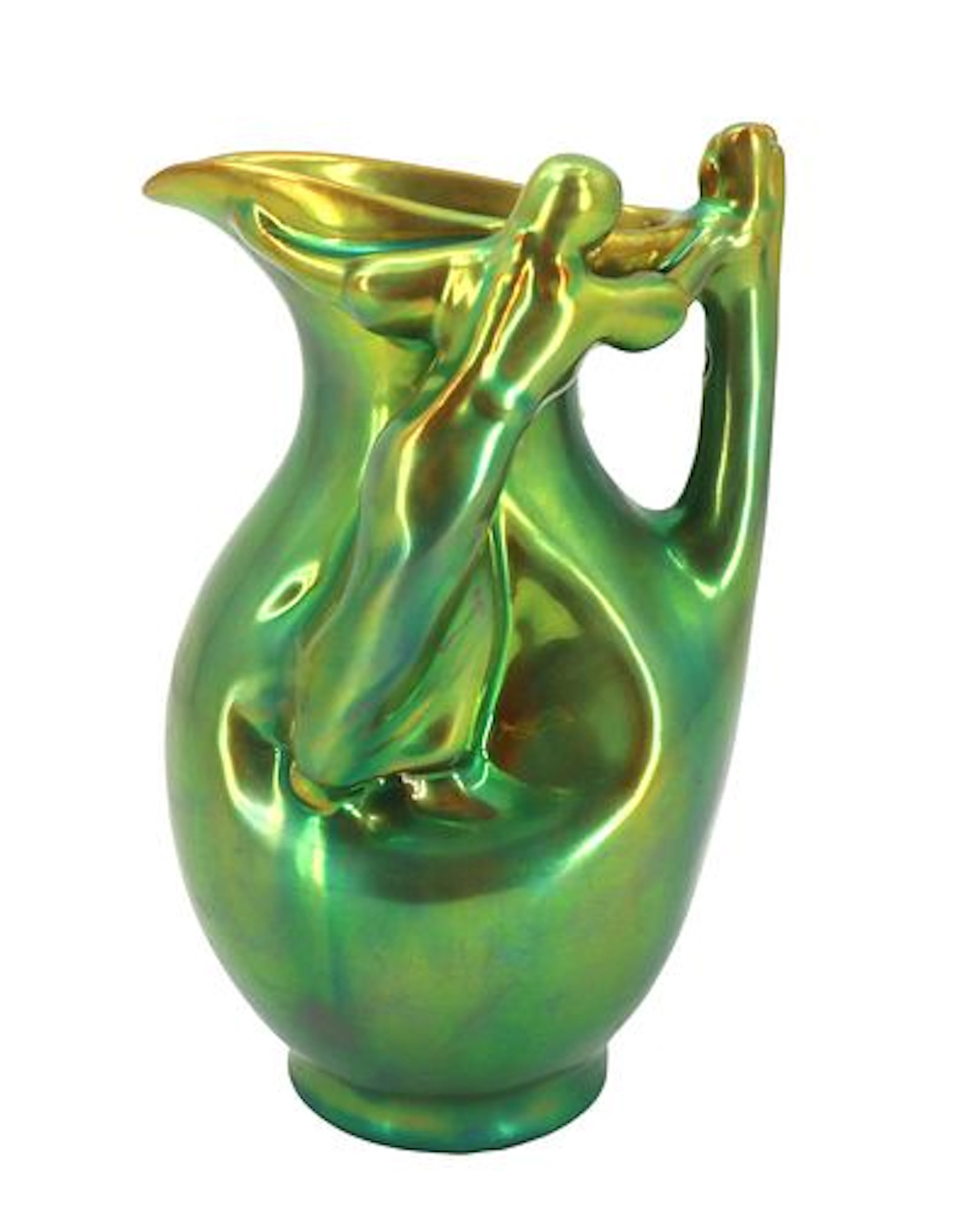 Vintage Zsolnay Green Iridescent Eosin Glaze Ceramic Figural Pitcher