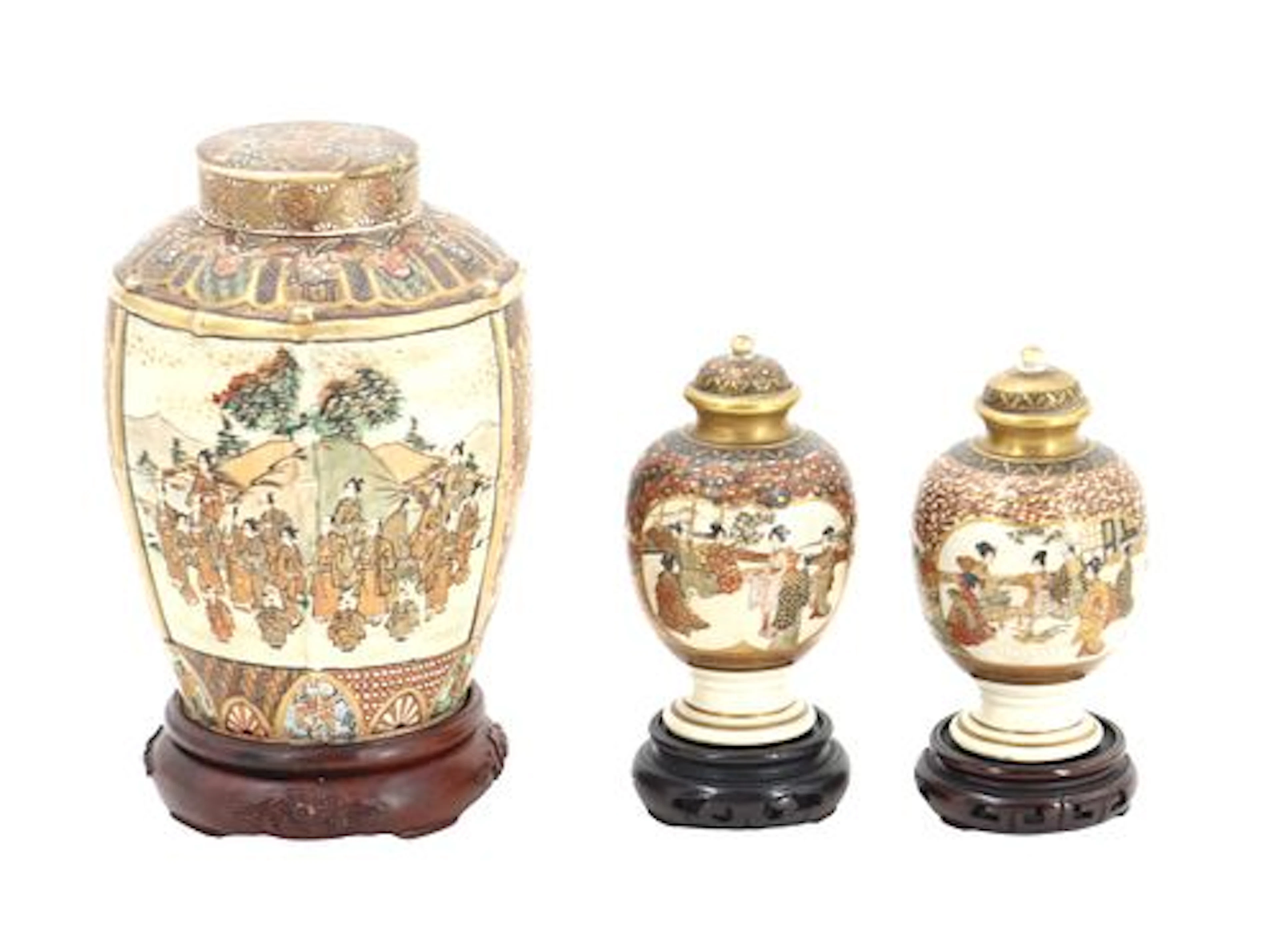 (3) Japanese Meiji Period Satsuma Pottery Covered Jars