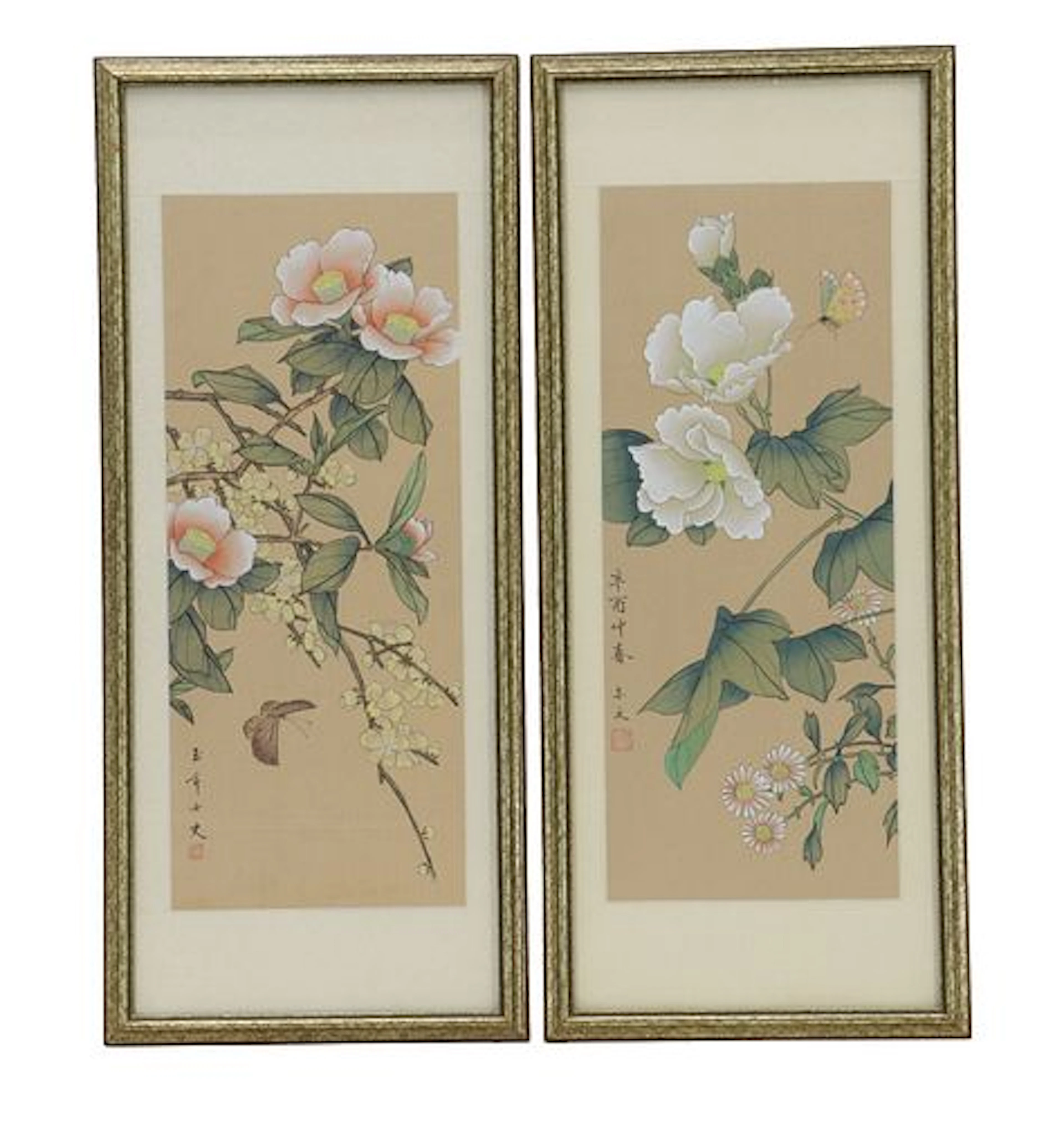 (2) Vintage Chinese Watercolor on Silk Floral Scroll Paintings