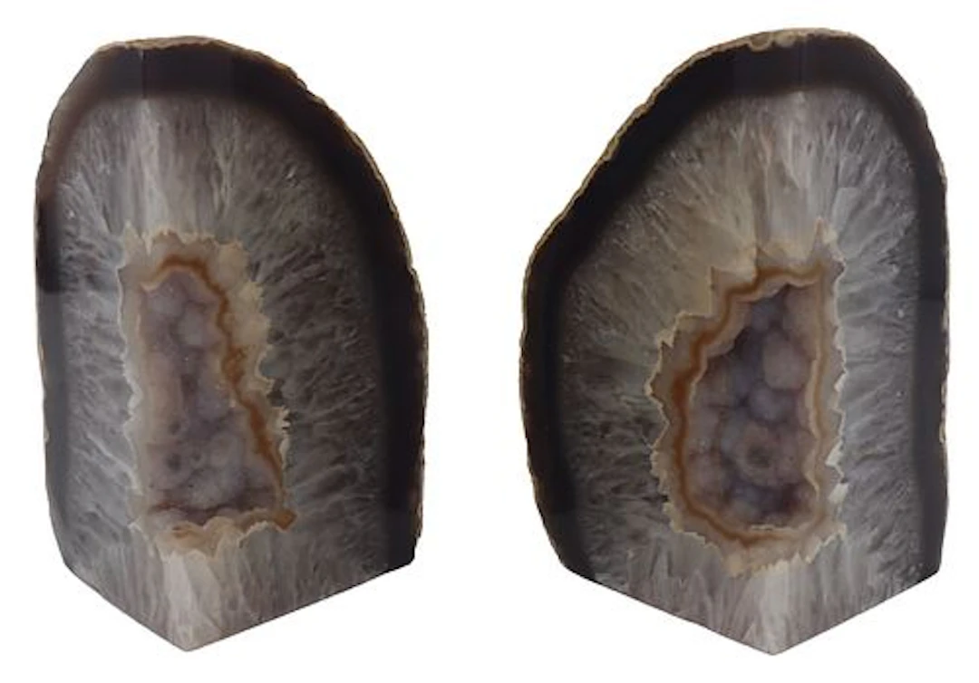 (2) Natural Corner-Cut Agate Geode Bookends with Druzy Crystal Centers