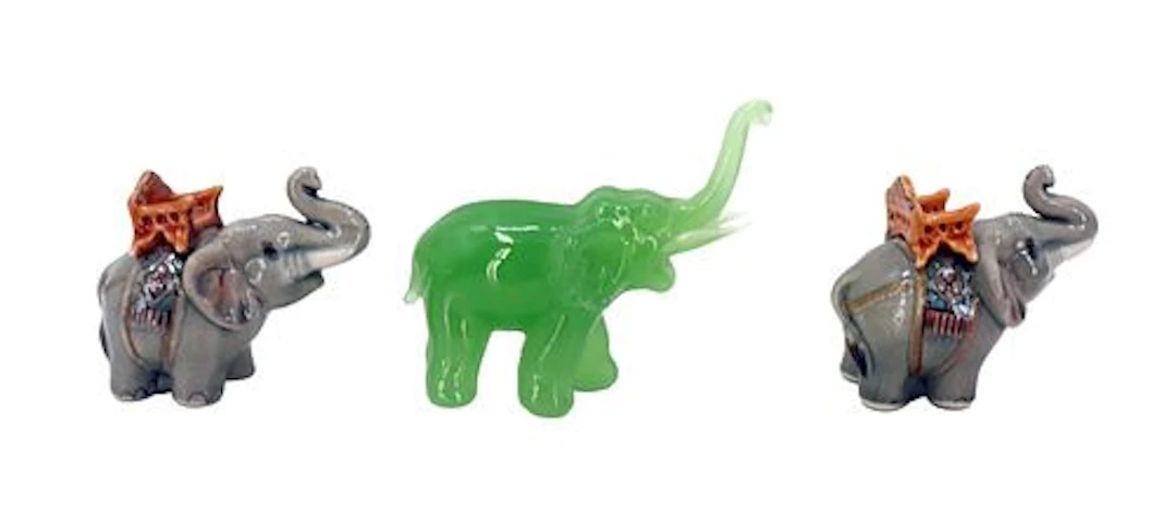 Elephant Figurines, (2) Porcelain and (1) Jade