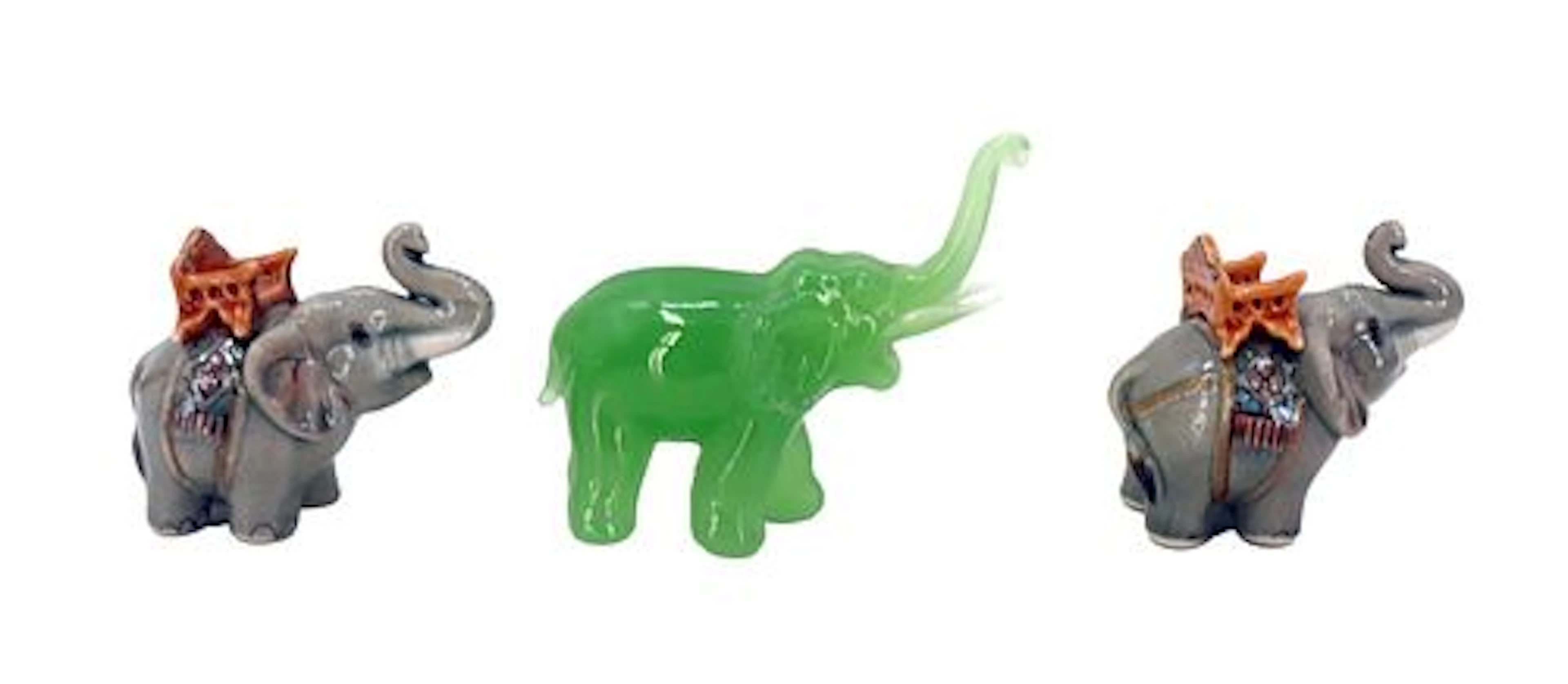 Elephant Figurines, (2) Porcelain and (1) Jade