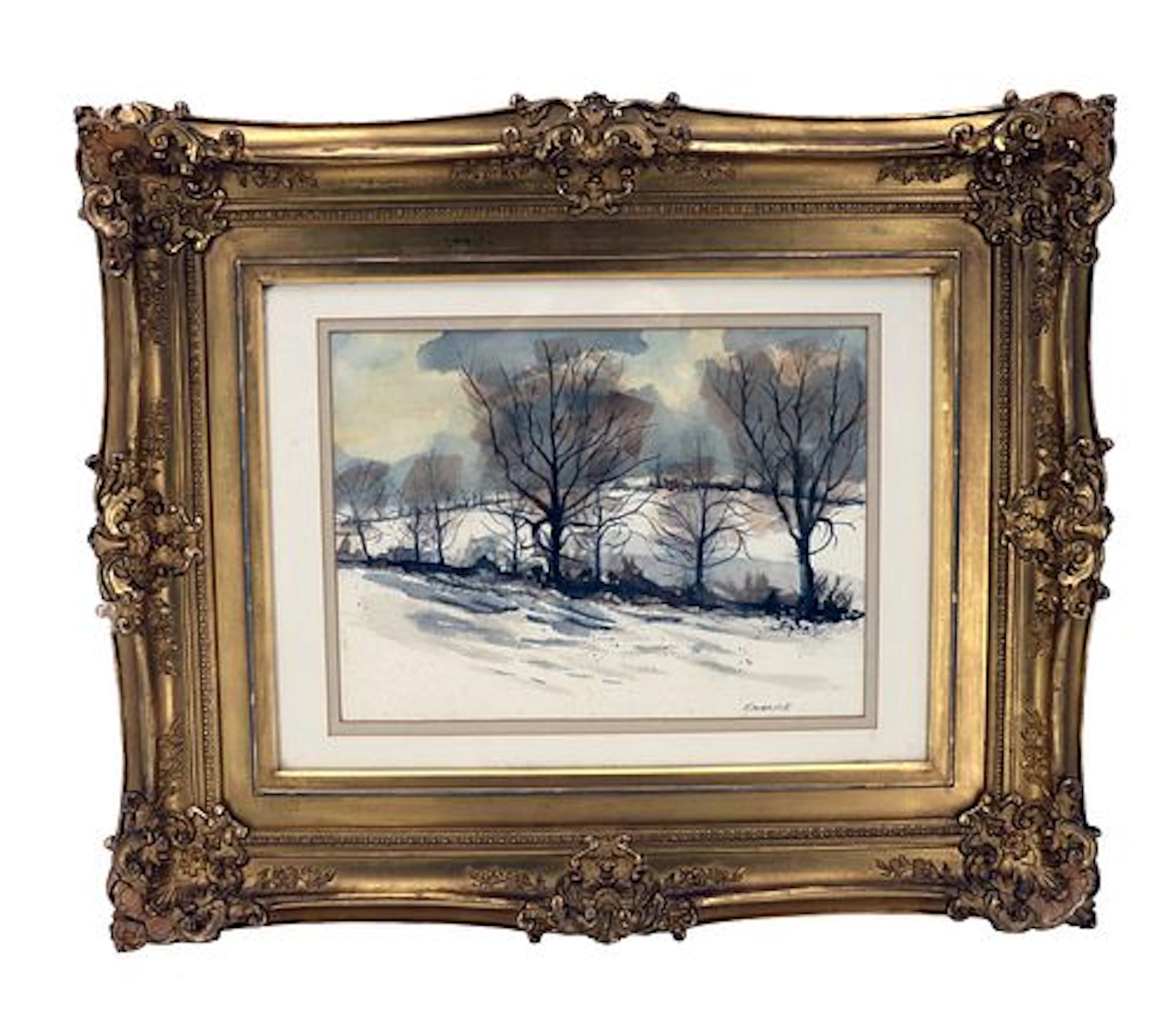 Signed Emrick (20th Century) American, Watercolor Winter Landscape