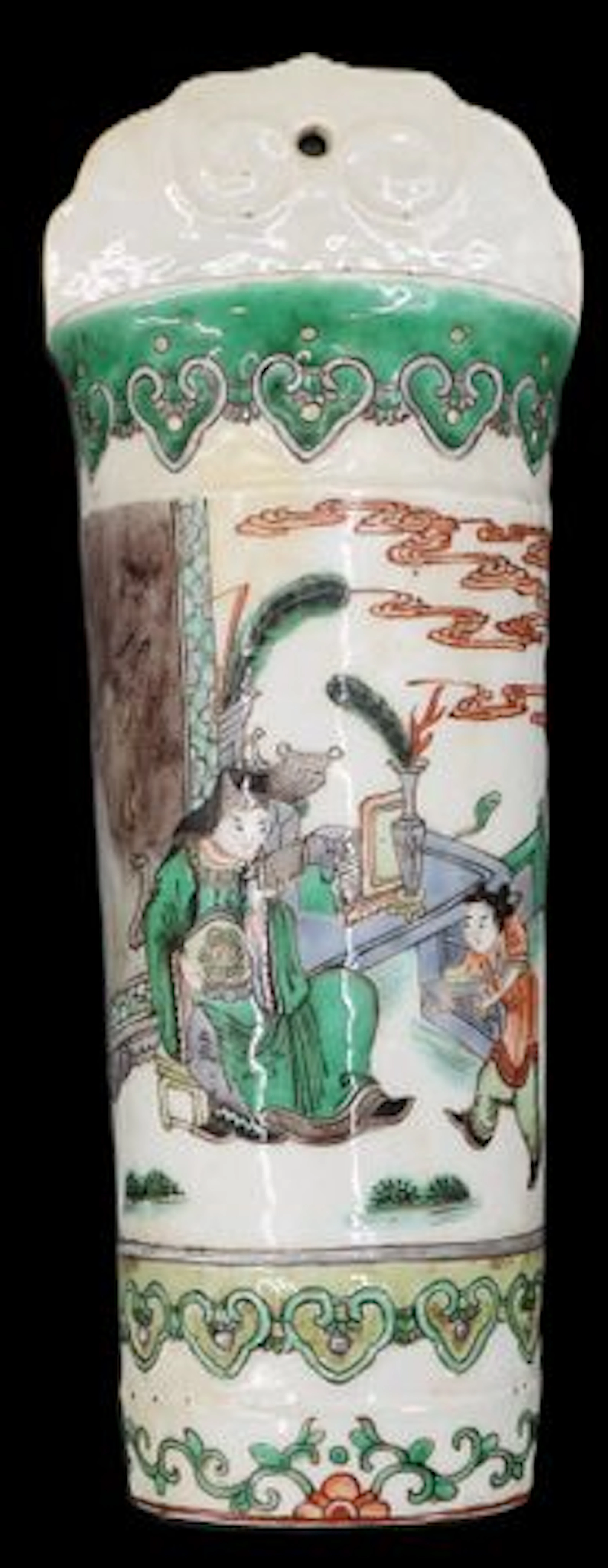 Antique Late Qing Dynasty Chinese Porcelain Famille Verte Wall Pocket Vase