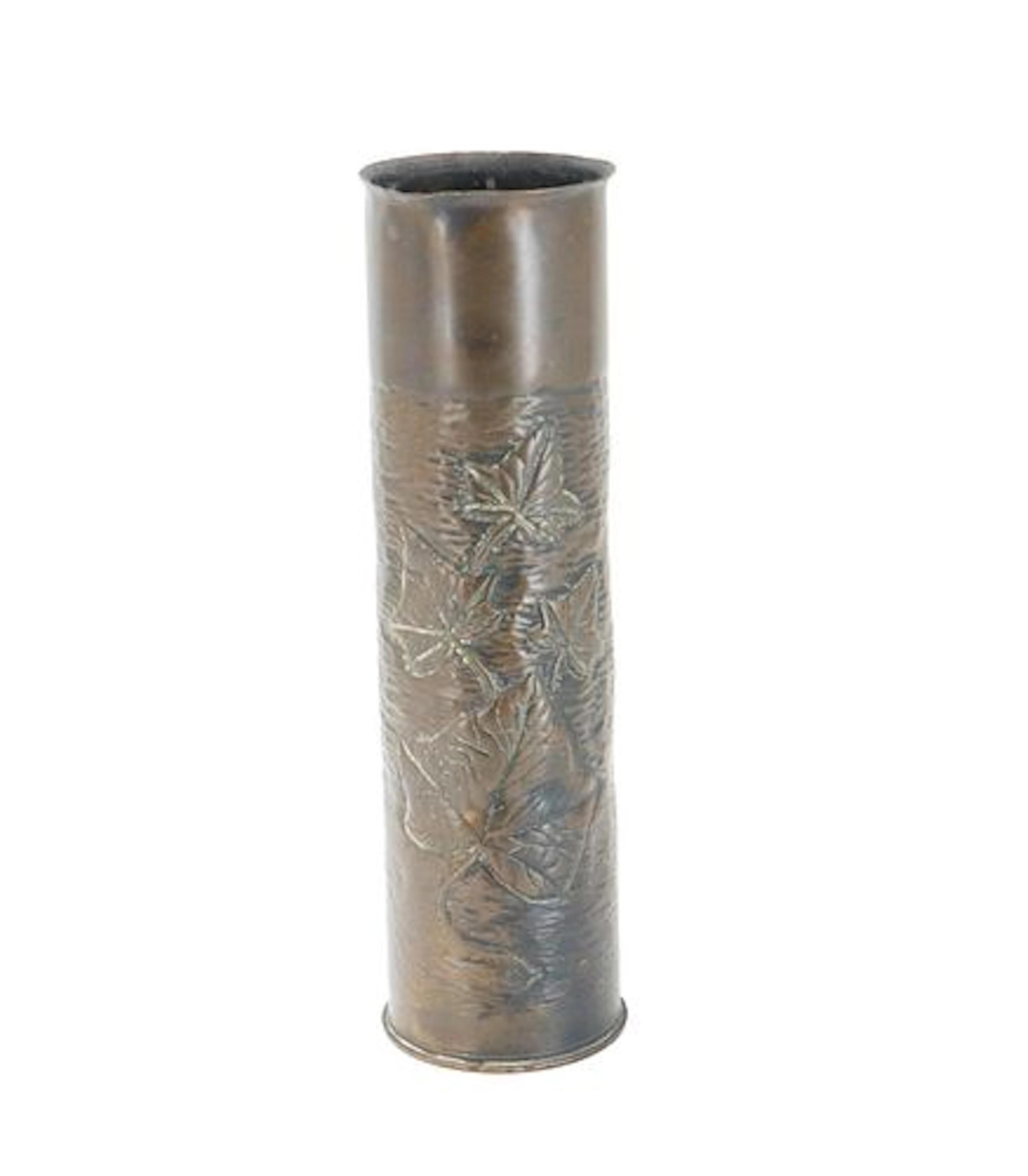 Antique World War I Trench Art, Brass 75 MM Artillery Shell with Embossed