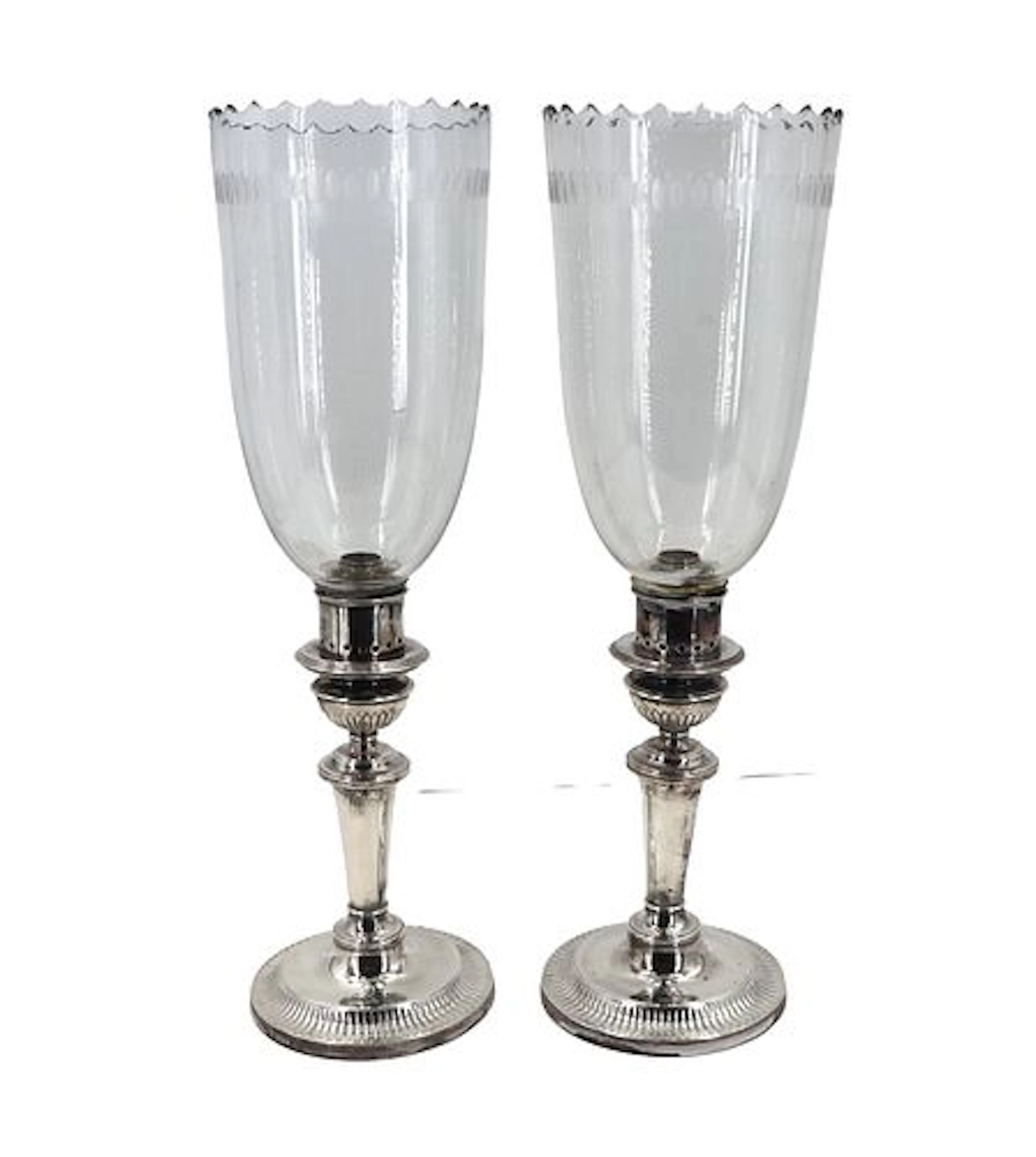 (2) 1941 N. Bloom & Son Hurricane Glass Oil Lamps with Weighted Sterling