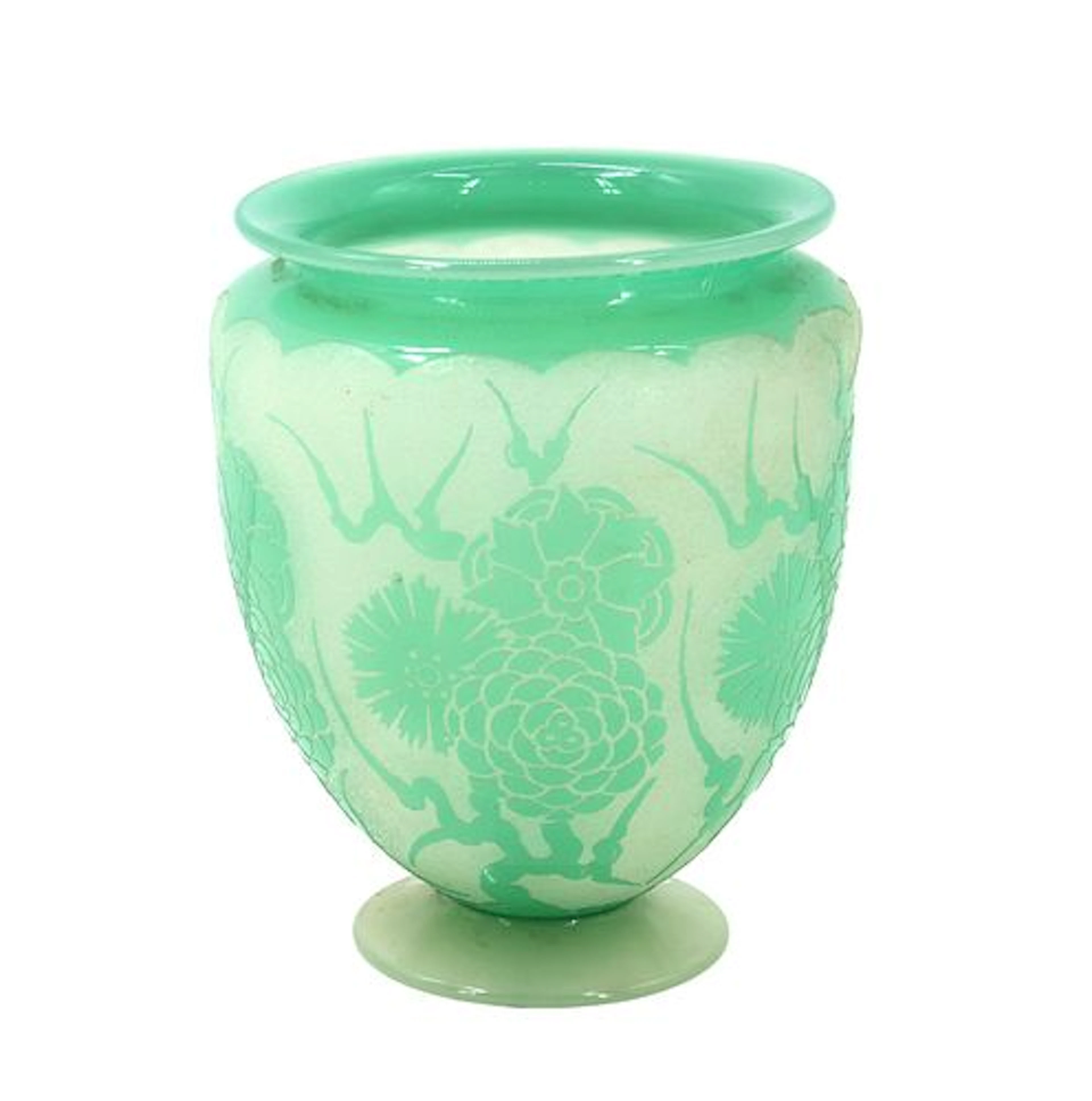Antique Steuben Acid-Etched Green Art Glass Footed Vase