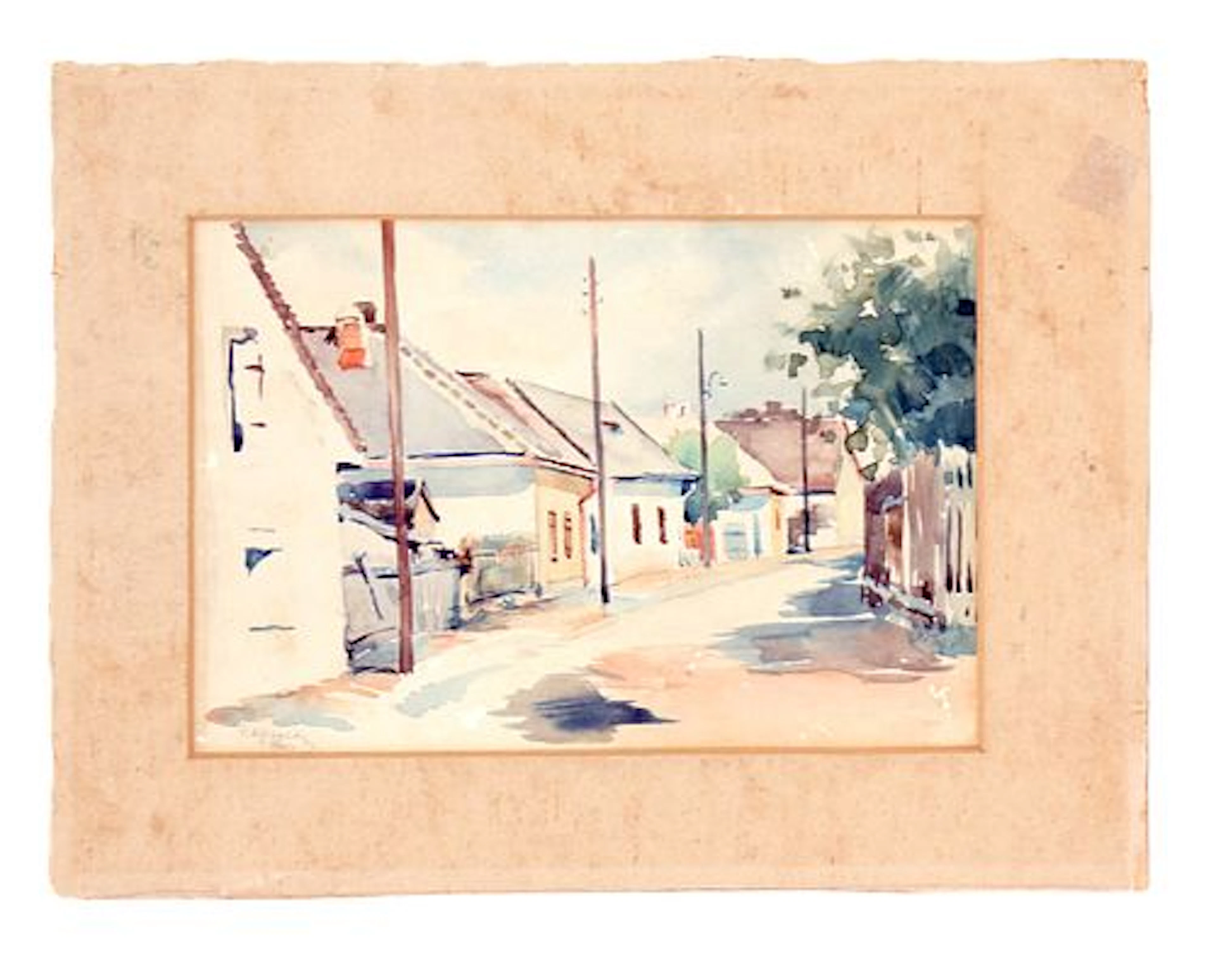 1940 Signed Eastern European Watercolor on Paper Streetscape