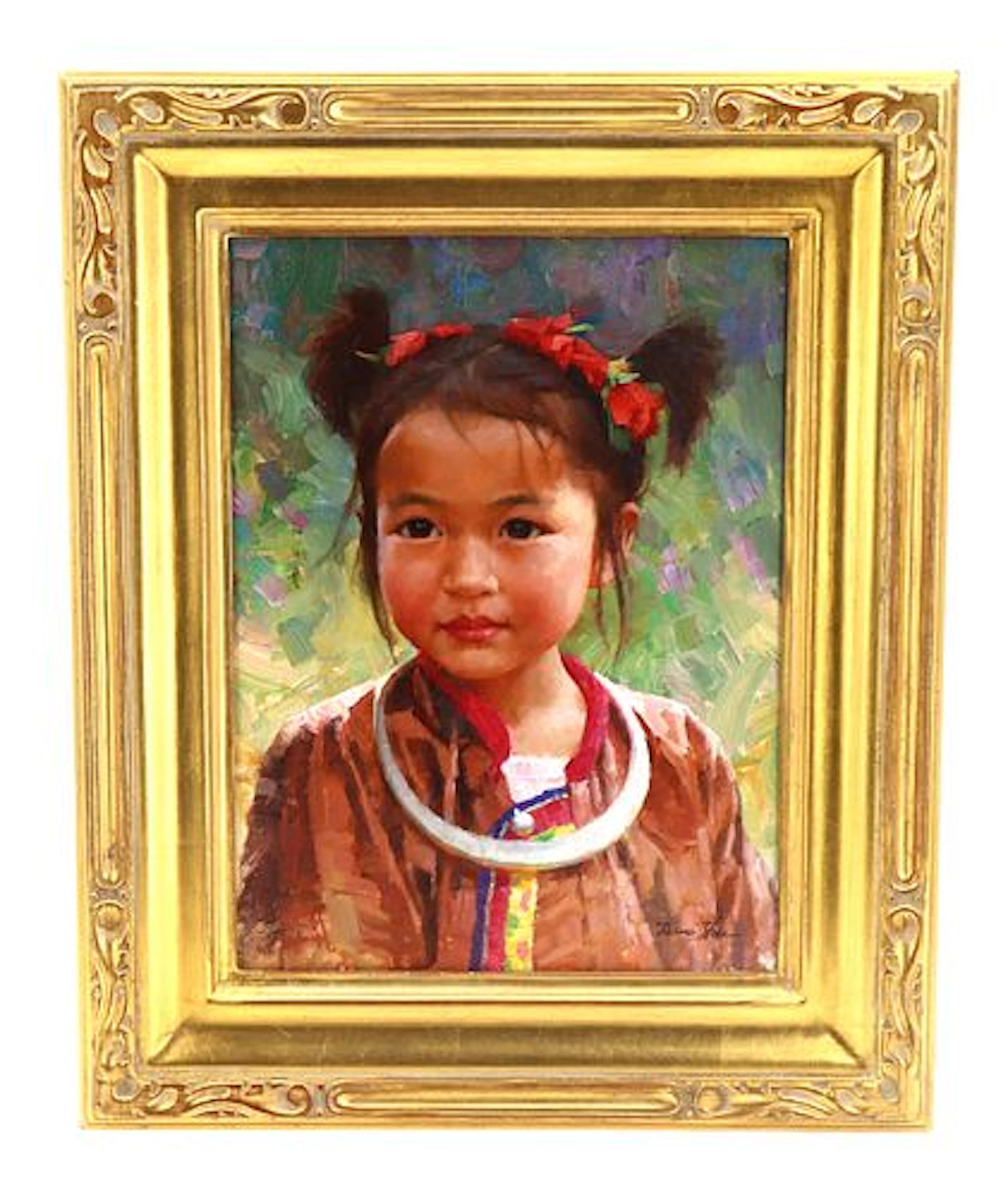 Jie Wei Zhou (Born 1962) Chinese/American, Oil on Board "Flowers in Her Hair"