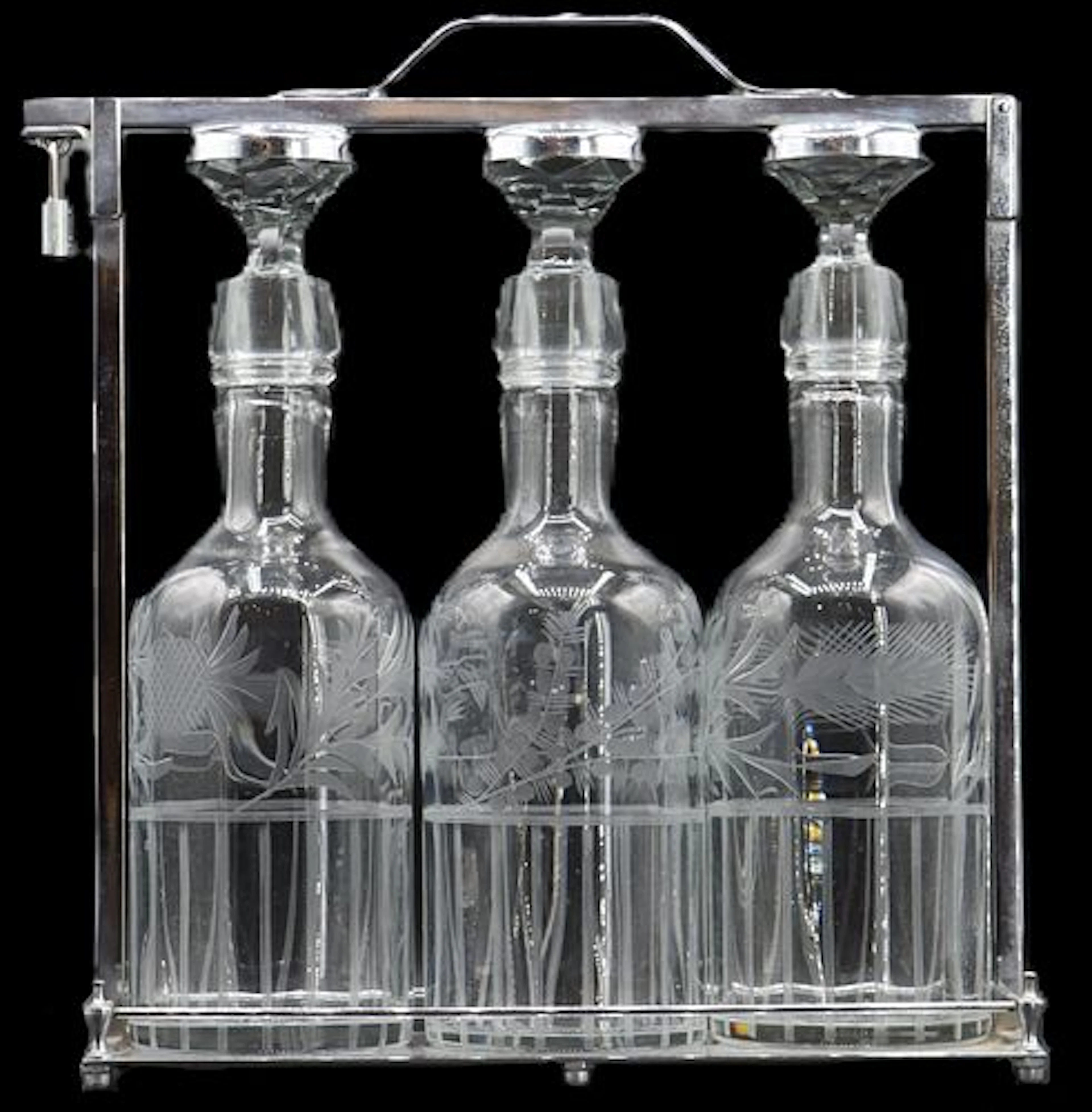 (3) Vintage Etched Glass Liquor Decanters in Locking Metal Tantalus Frame