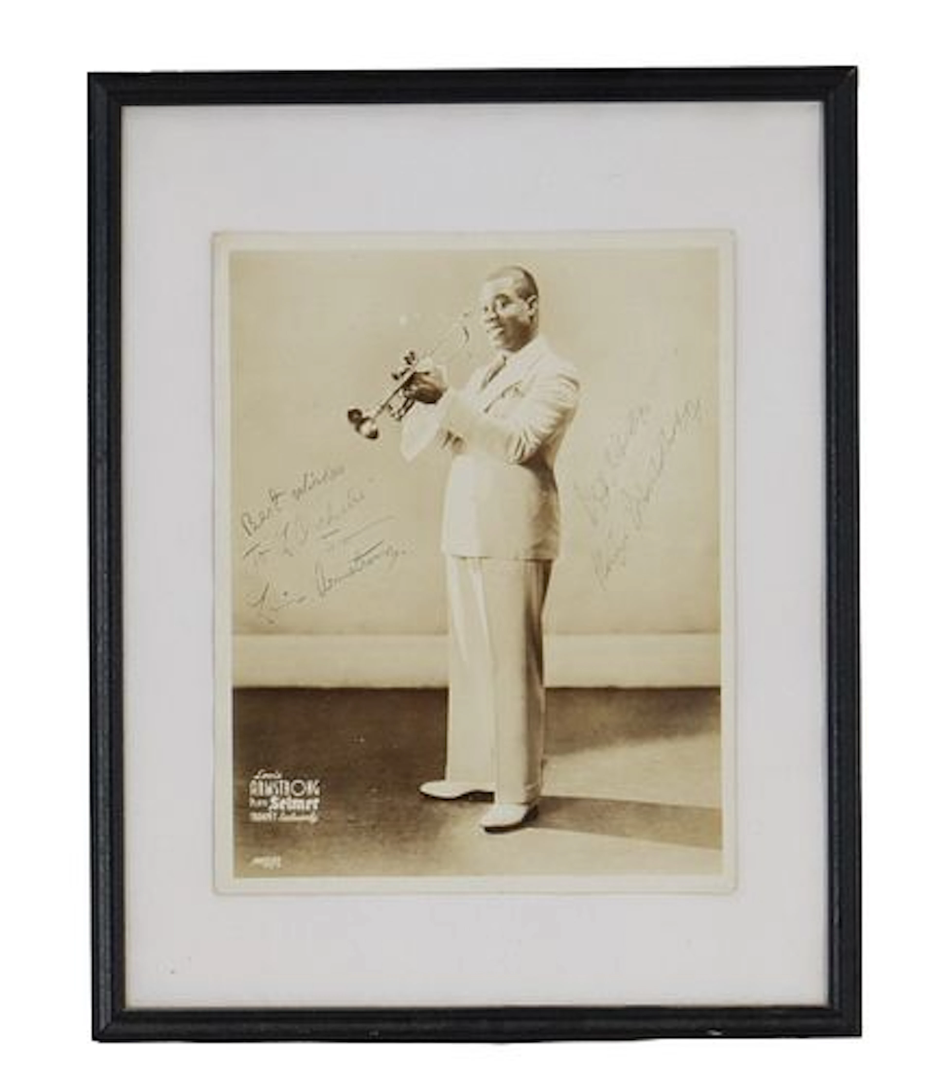 Louis Armstrong Inscribed and Signed Selmer Promotional Gelatin Silver