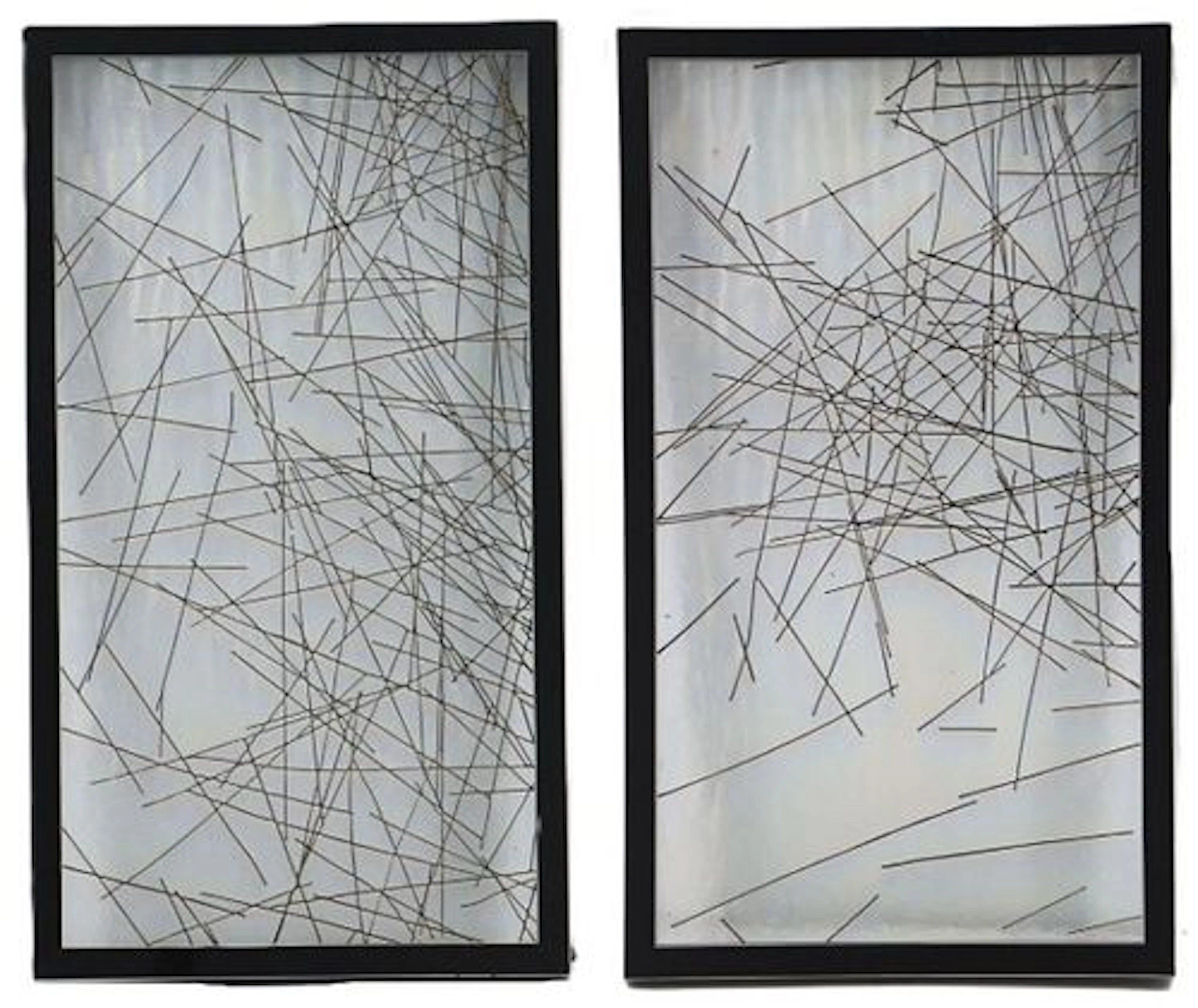 Pair of Modern Framed Flat Iridescent Glass and Metal Wall Art Sculptures