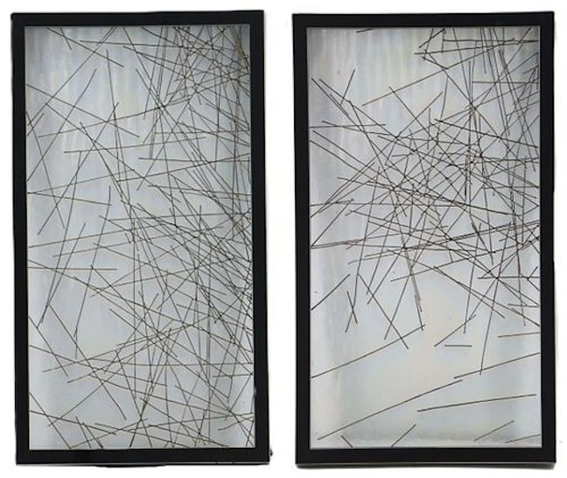 Pair of Modern Framed Flat Iridescent Glass and Metal Wall Art Sculptures