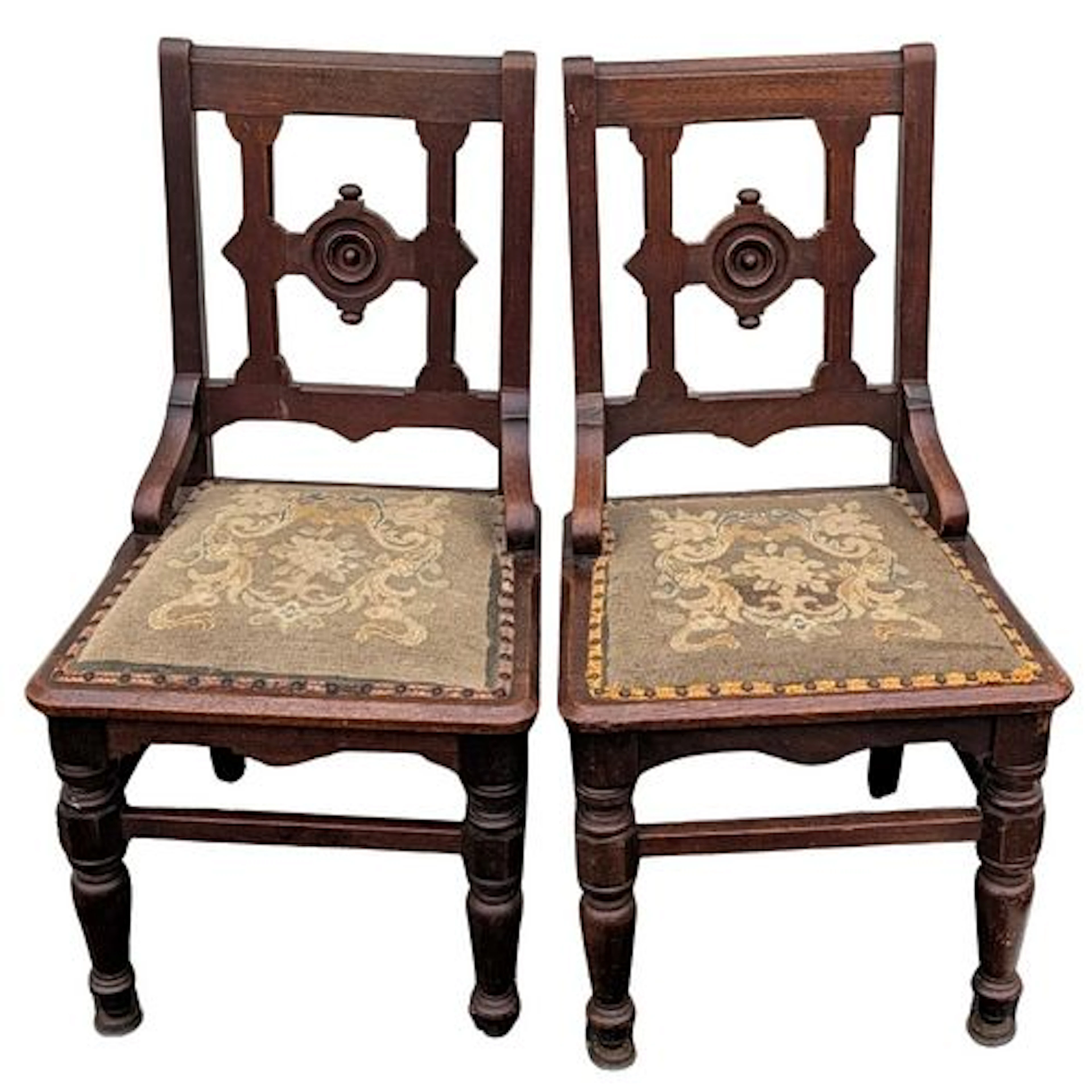 Pair of Antique Eastlake Needle Point and Black Walnut Side Chairs