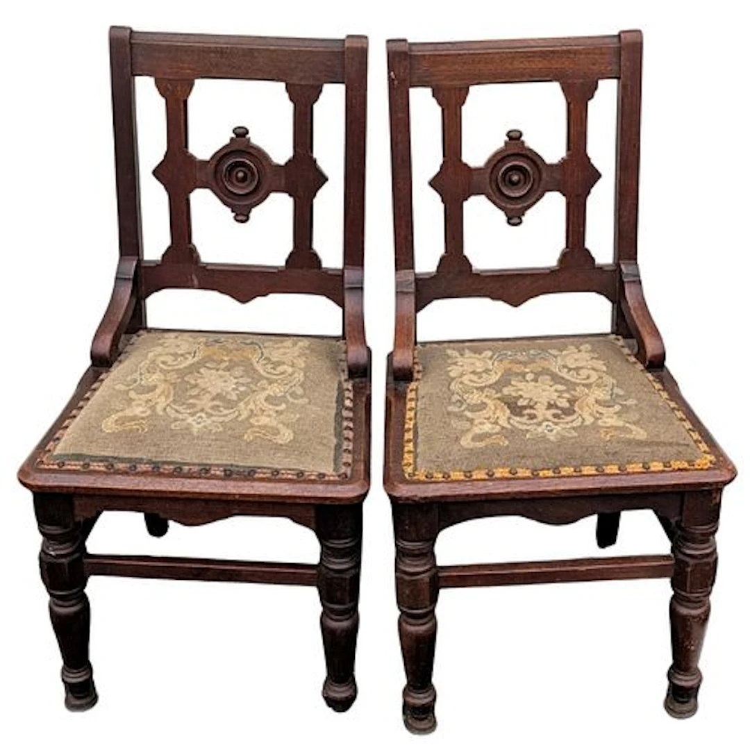 Pair of Antique Eastlake Needle Point and Black Walnut Side Chairs