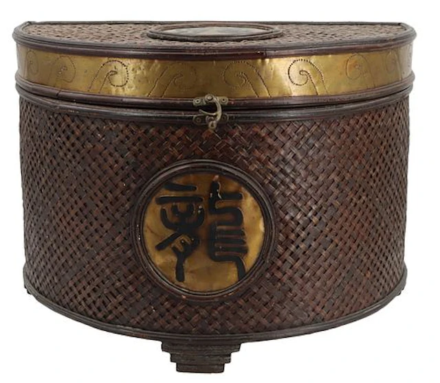 Vintage Chinese Semi-Circular Woven Rattan and Bamboo Storage Basket
