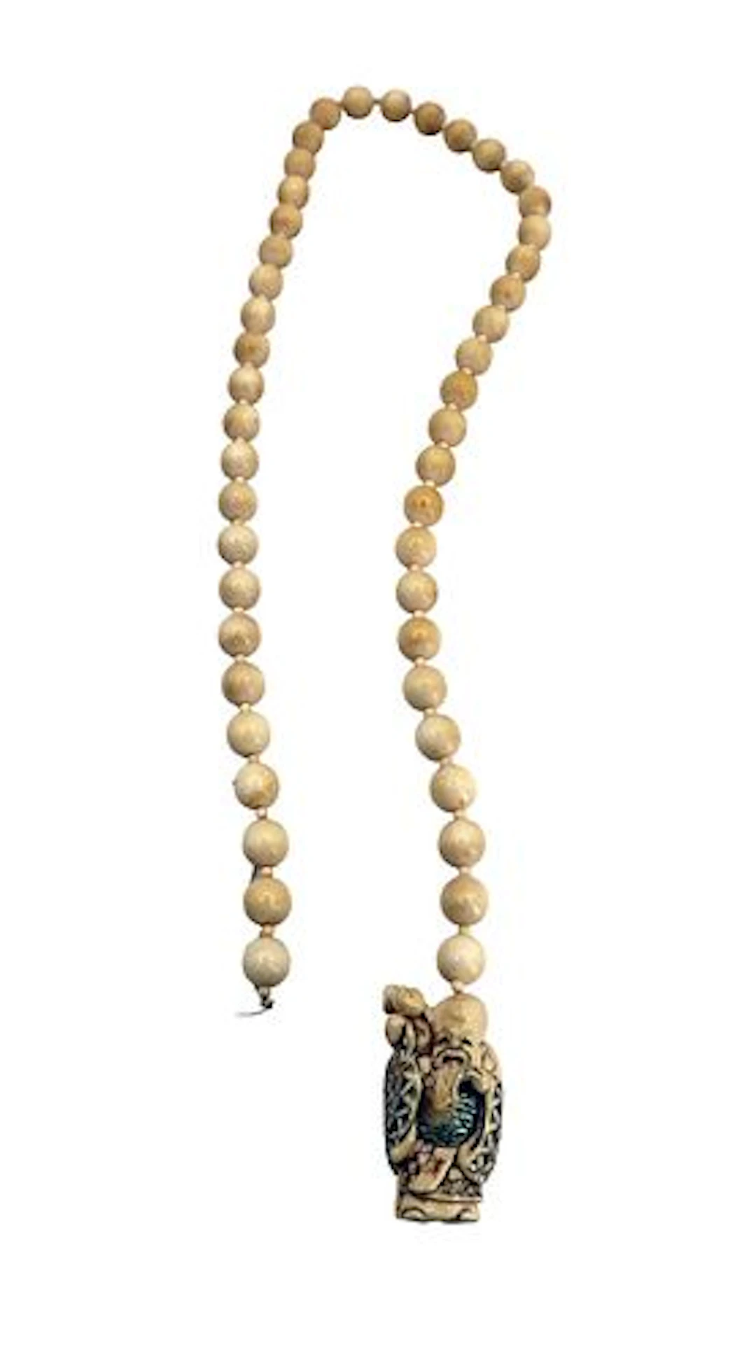 Carved Bone Beaded Necklace With Fukurokuju/Immortal Pendant - As Is