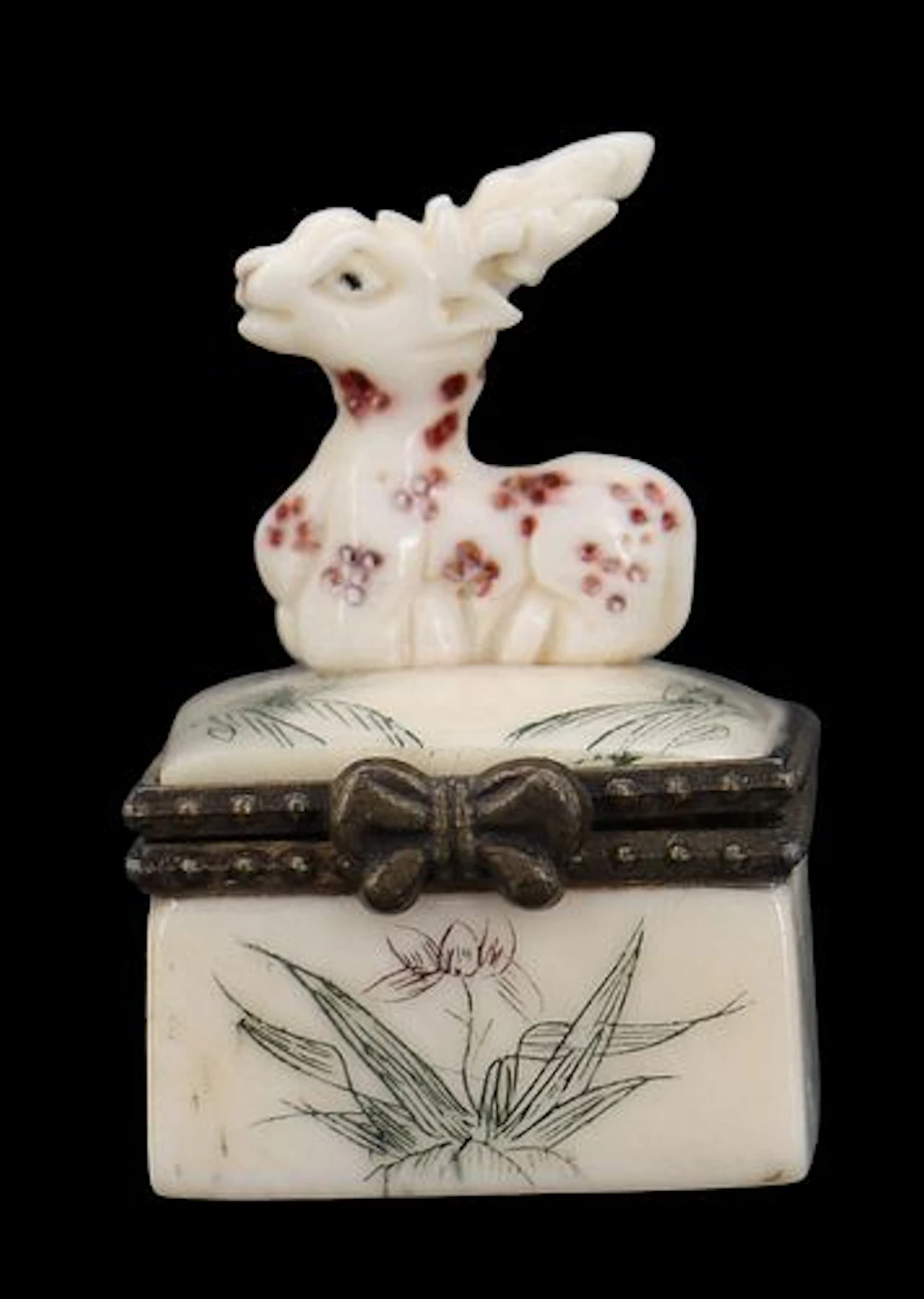Bone Scrimshaw Decorated Trinket Box with Carved Reclining Deer