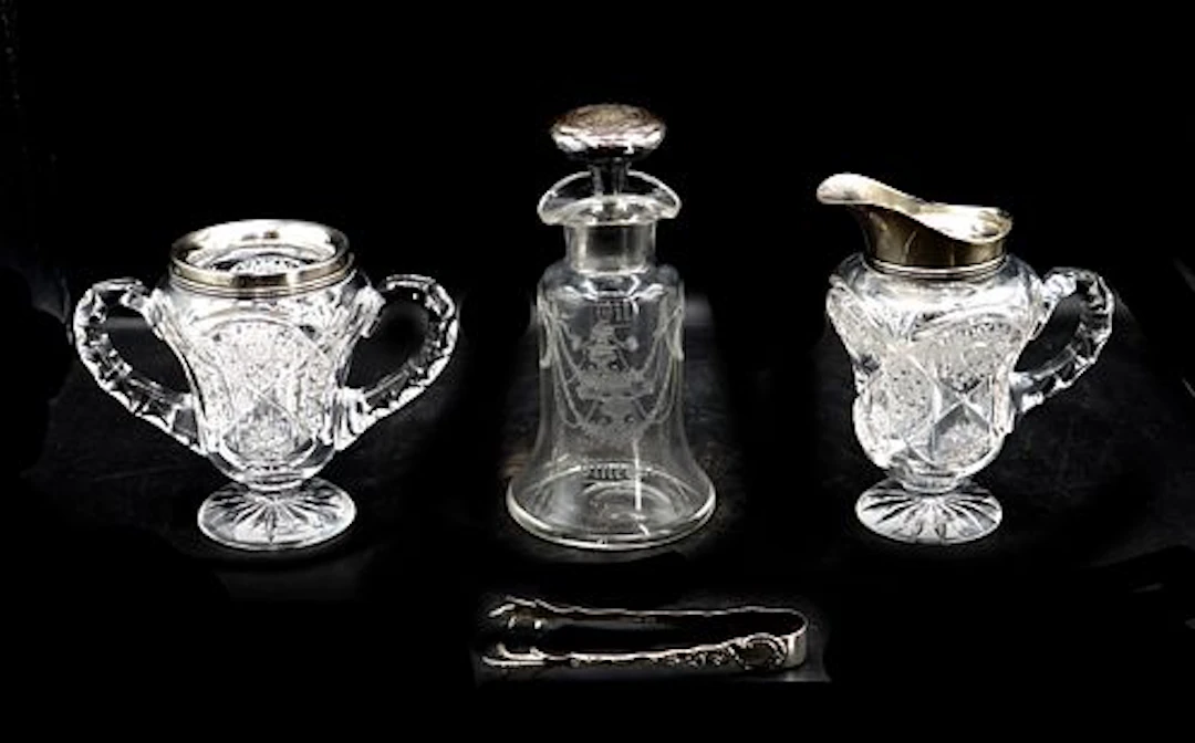 (3) Crystal and Sterling Silver Objects and (1) Sterling Silver Sugar Tongs