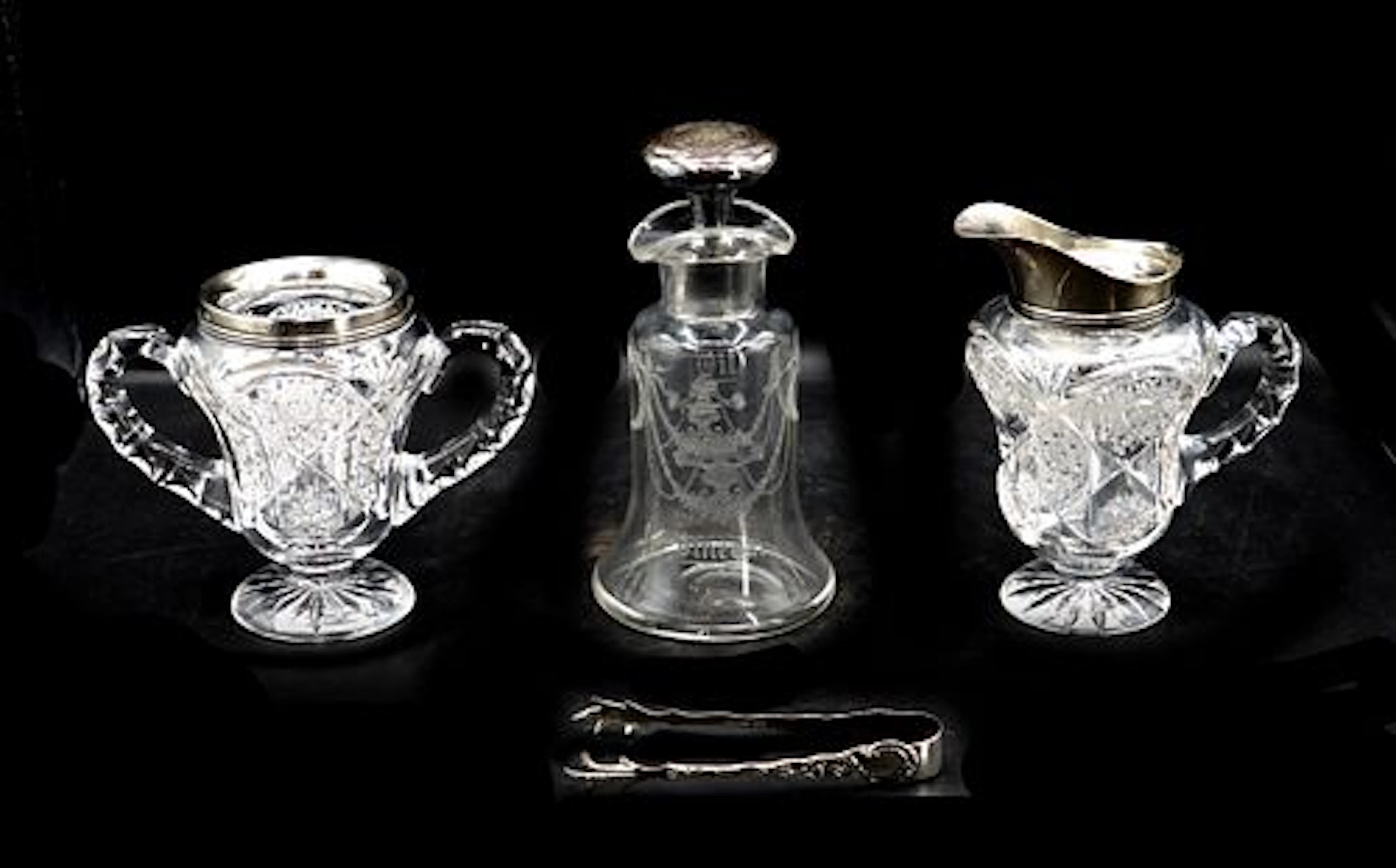(3) Crystal and Sterling Silver Objects and (1) Sterling Silver Sugar Tongs