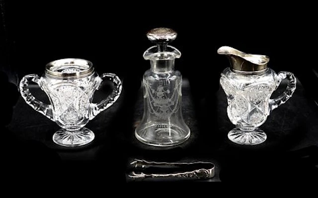 (3) Crystal and Sterling Silver Objects and (1) Sterling Silver Sugar Tongs