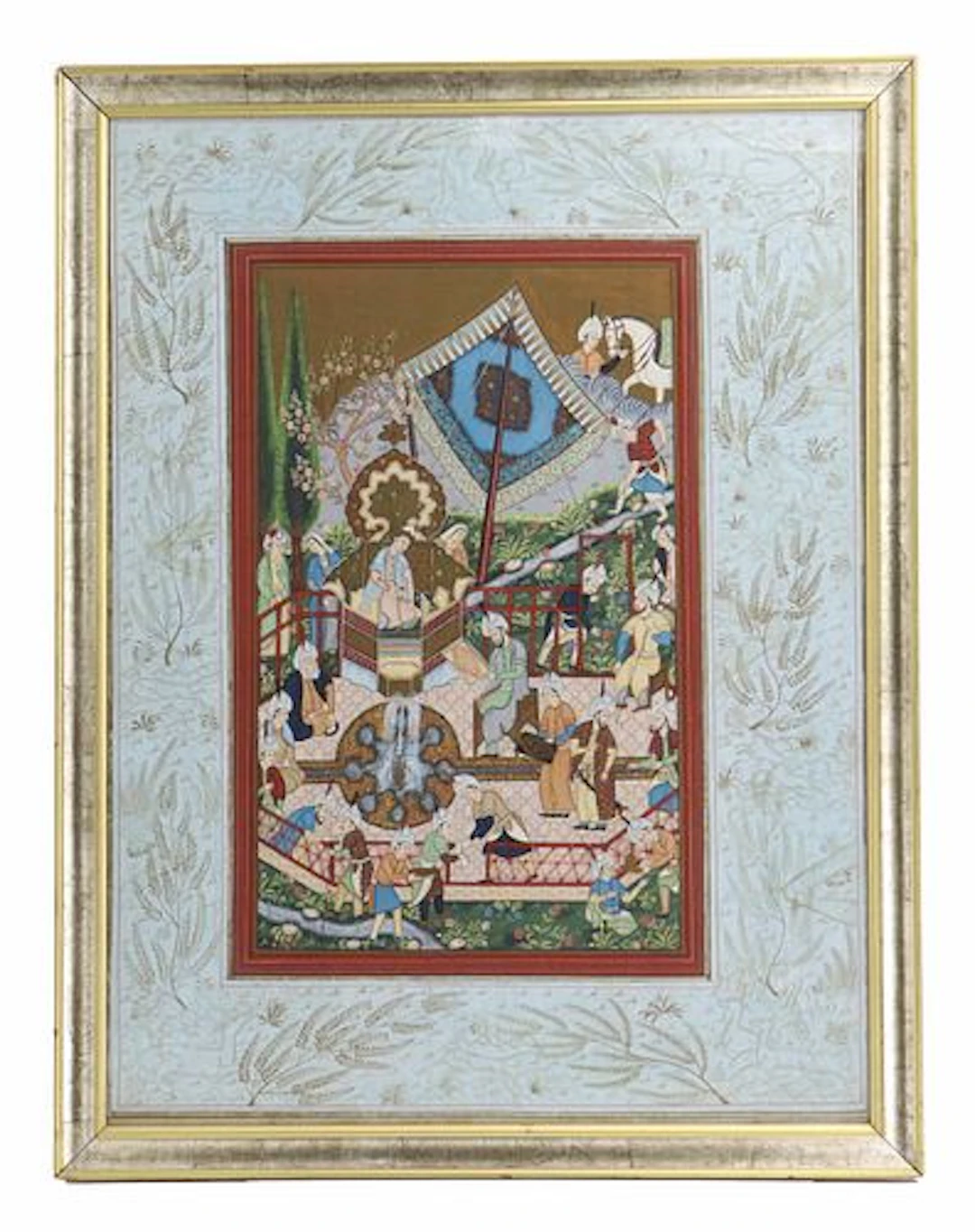 Large Framed Persian Watercolor Painting of Court Scene