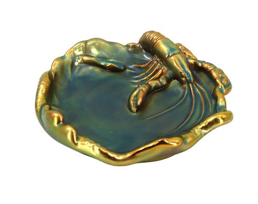 Antique Zsolnay Green Iridescent Eosin Glaze Ceramic Lobster Bowl