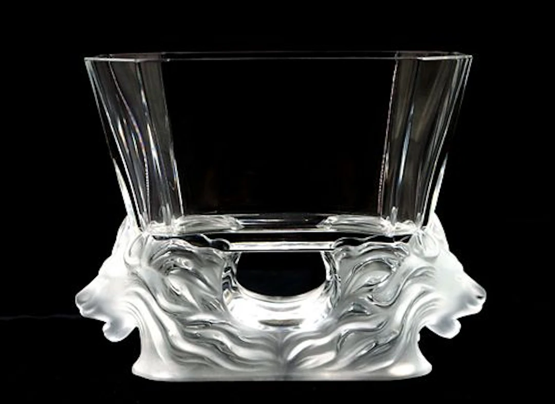 French Lalique "Venise" Crystal Double Lion Head Vase/Bowl