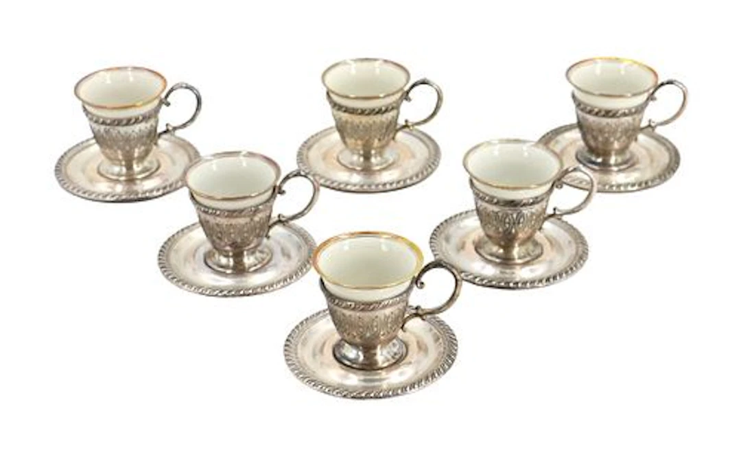 (6) ?German Demitasse Set with Sterling Reticulated Cup Holders - 7.375 ozt.