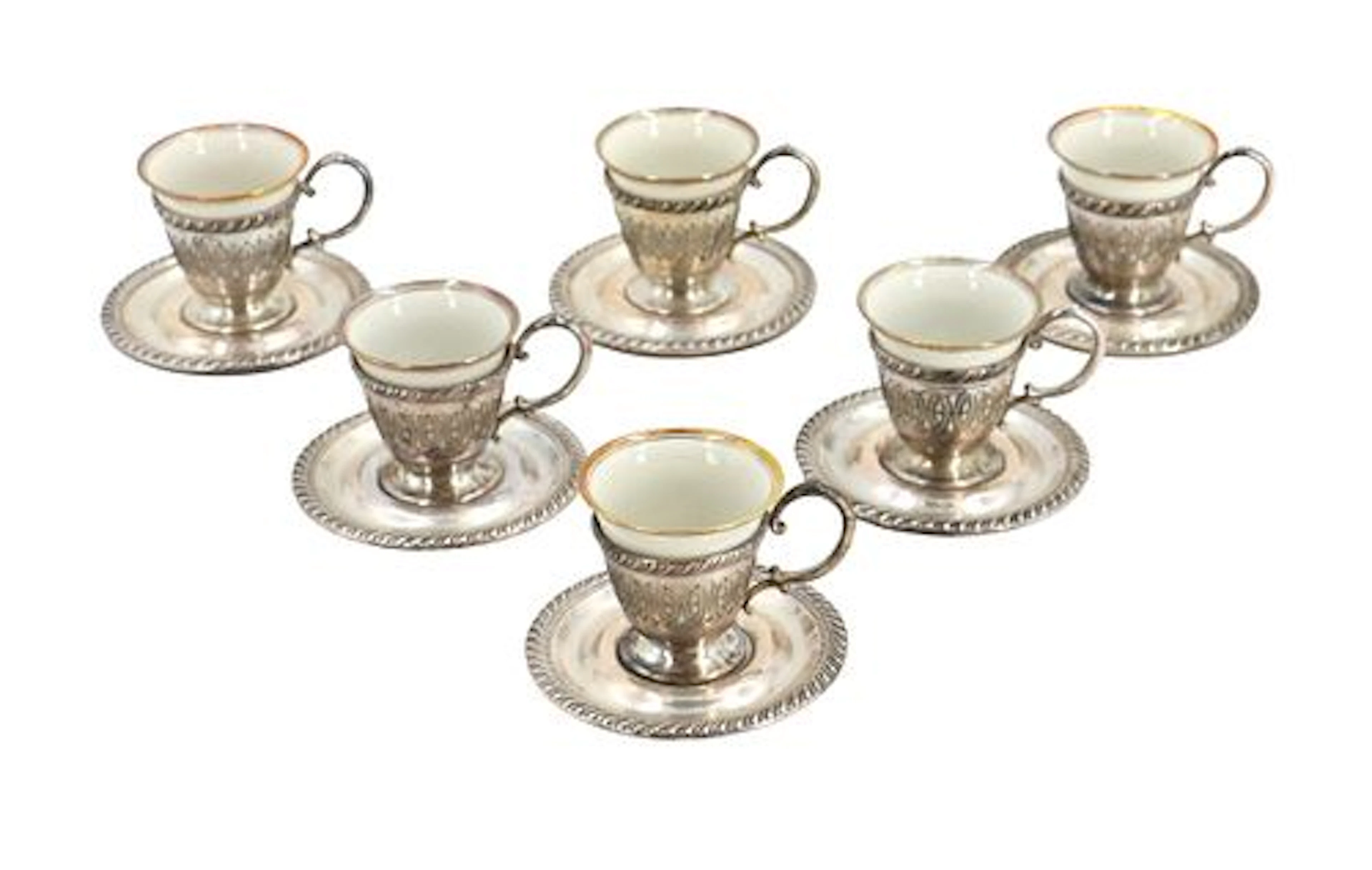 (6) ?German Demitasse Set with Sterling Reticulated Cup Holders - 7.375 ozt.