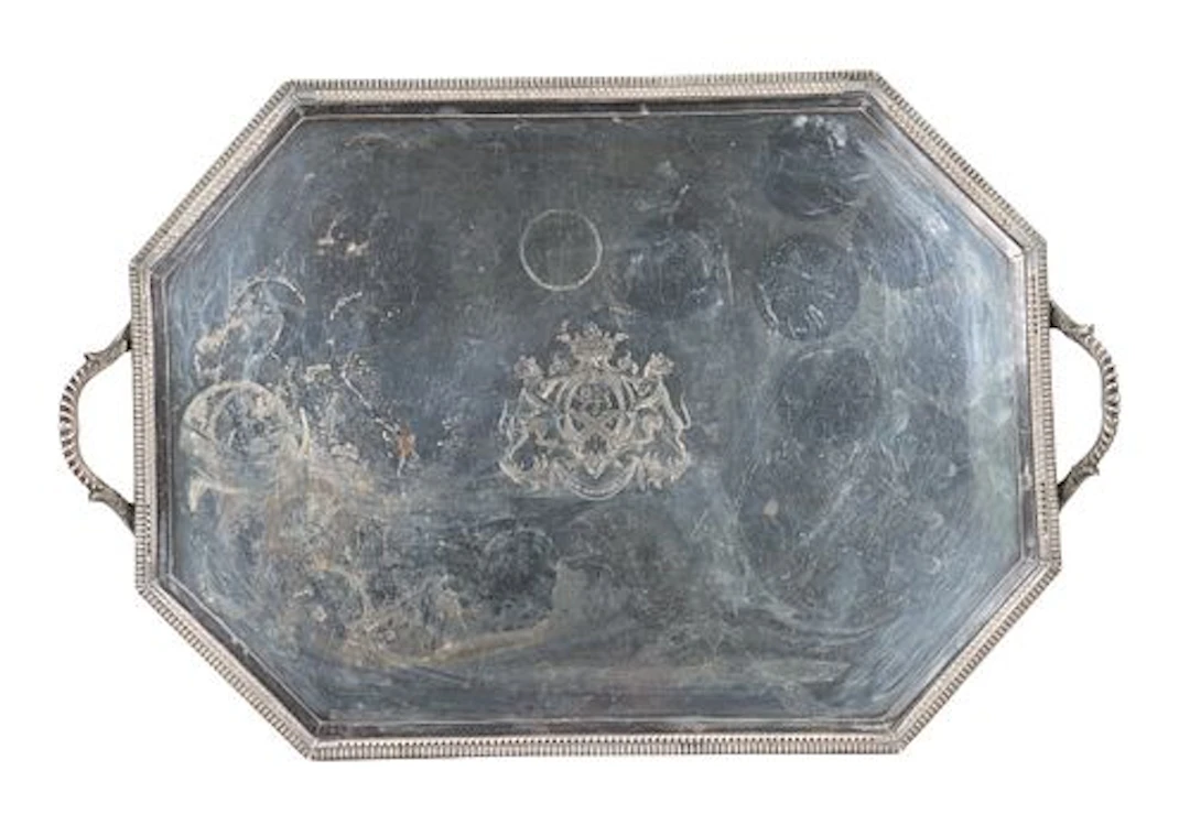 Antique English Old Sheffield Plate Armorial Engraved Octagonal Serving Tray