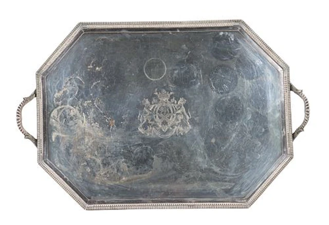 Antique English Old Sheffield Plate Armorial Engraved Octagonal Serving Tray