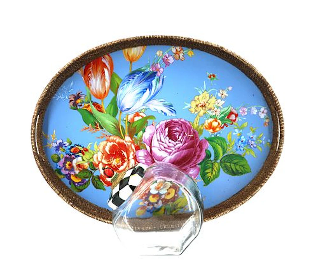 MacKenzie-Childs Flower Market Rattan and Enamel Oval Tray