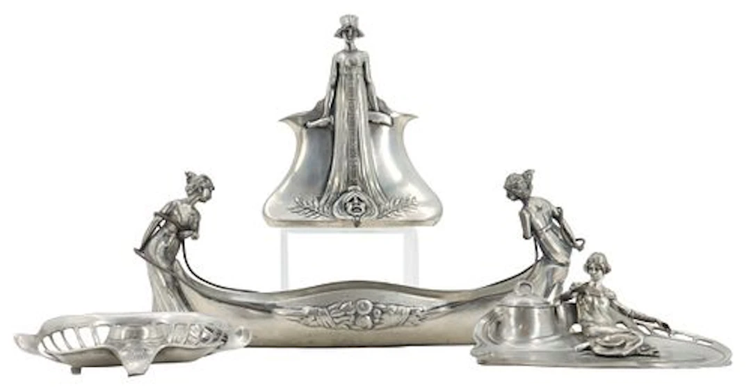 4-Piece German Art Nouveau (Jugendstil) Pewter Tableware & Desk Accessories Set
