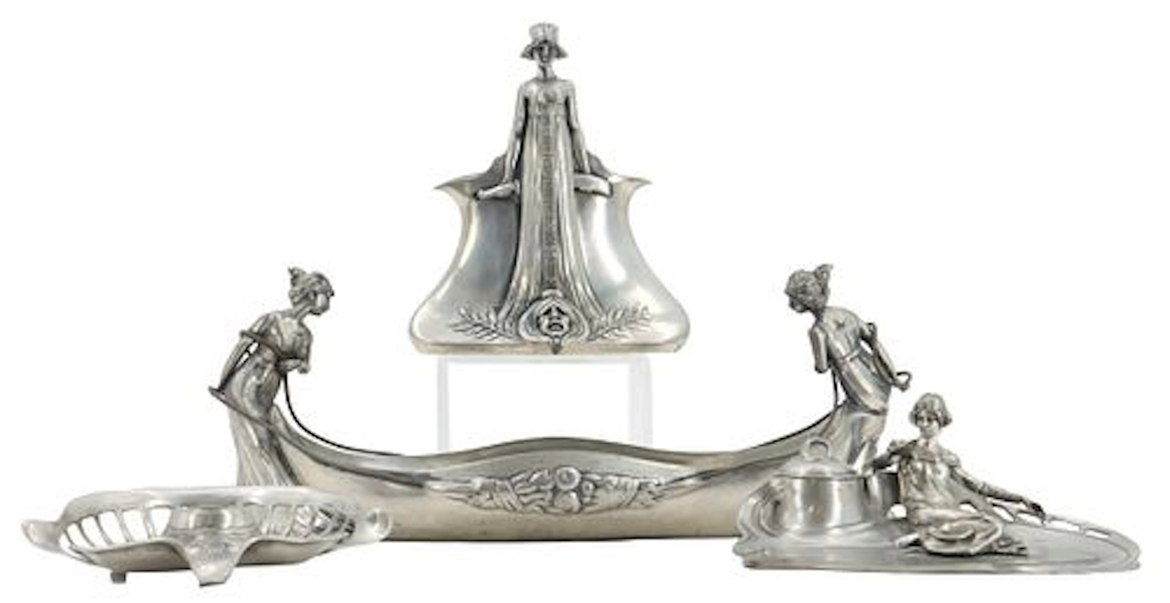 4-Piece German Art Nouveau (Jugendstil) Pewter Tableware & Desk Accessories Set