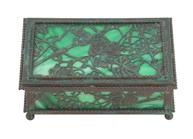 Tiffany Studios New York Grapevine Pattern Bronze and Green Slag Glass Desk Box